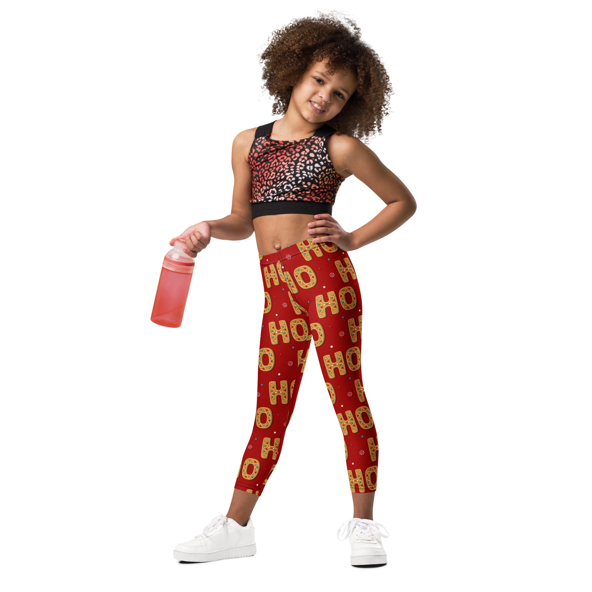 Girls gingerbread ho ho ho Christmas buttery soft red leggings with gold lettering and small snowflake accents