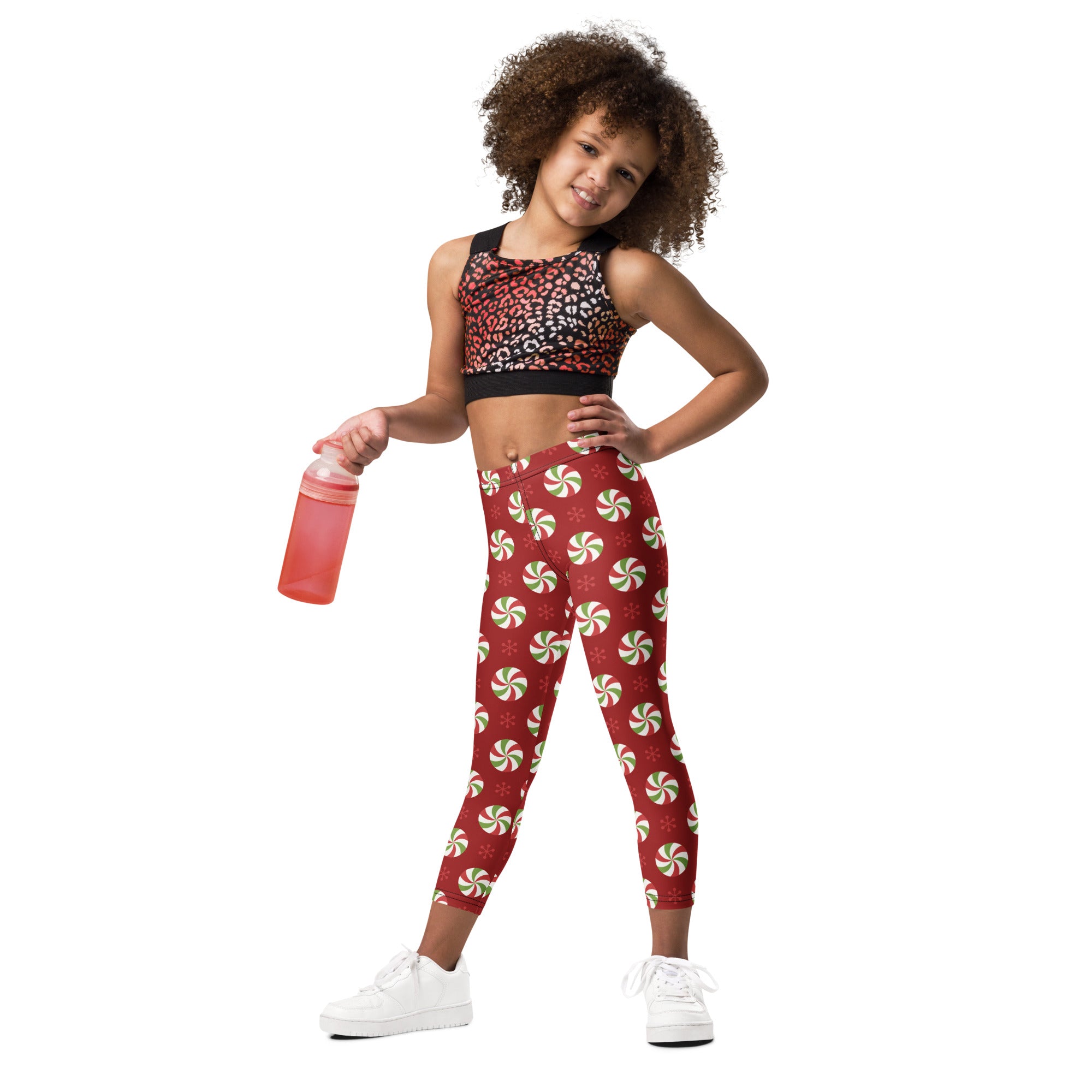 Kids christmas peppermint buttery soft red leggings with green and white peppermint candy pattern