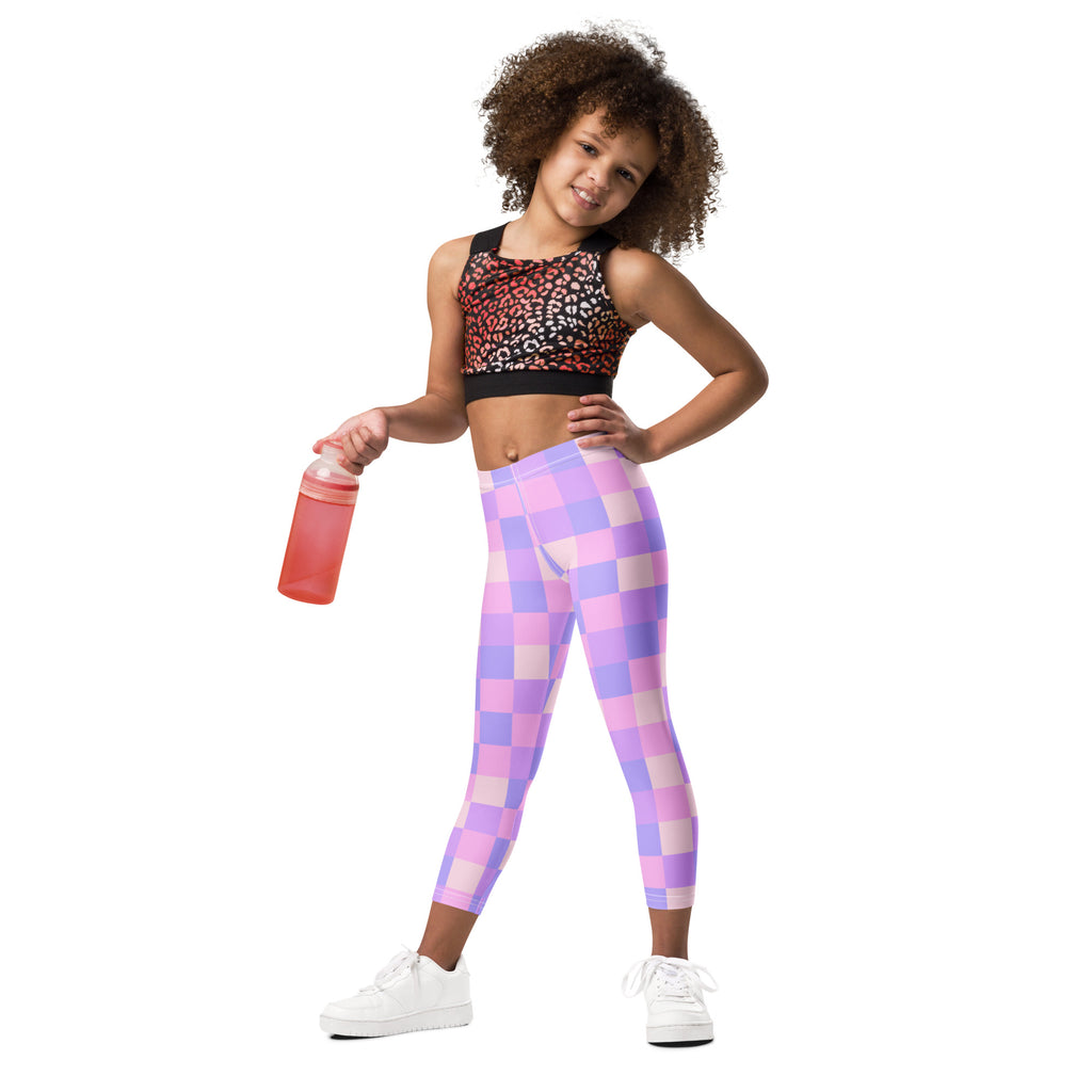Girls purple checkered buttery soft leggings in pink and purple with a comfortable stretchy fit