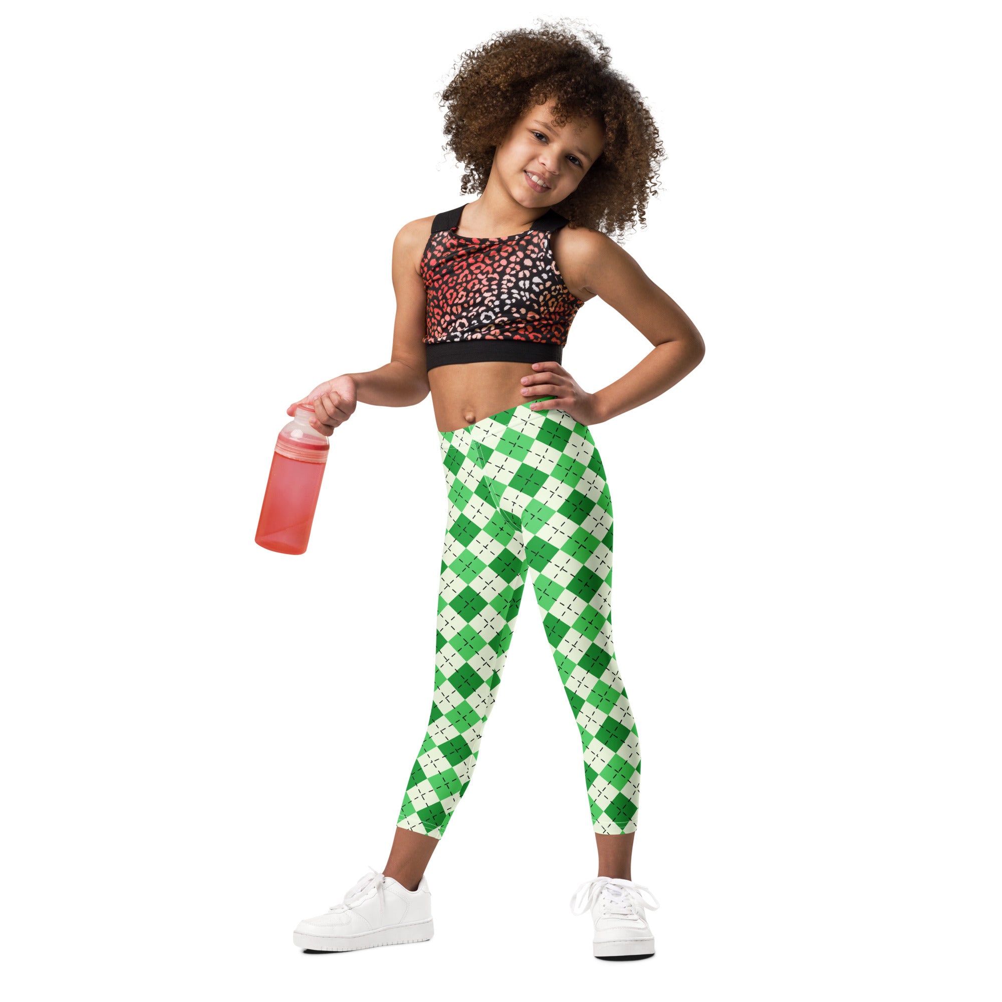 Girls green argyle buttery soft leggings featuring a white and green pattern perfect for st patricks day wear