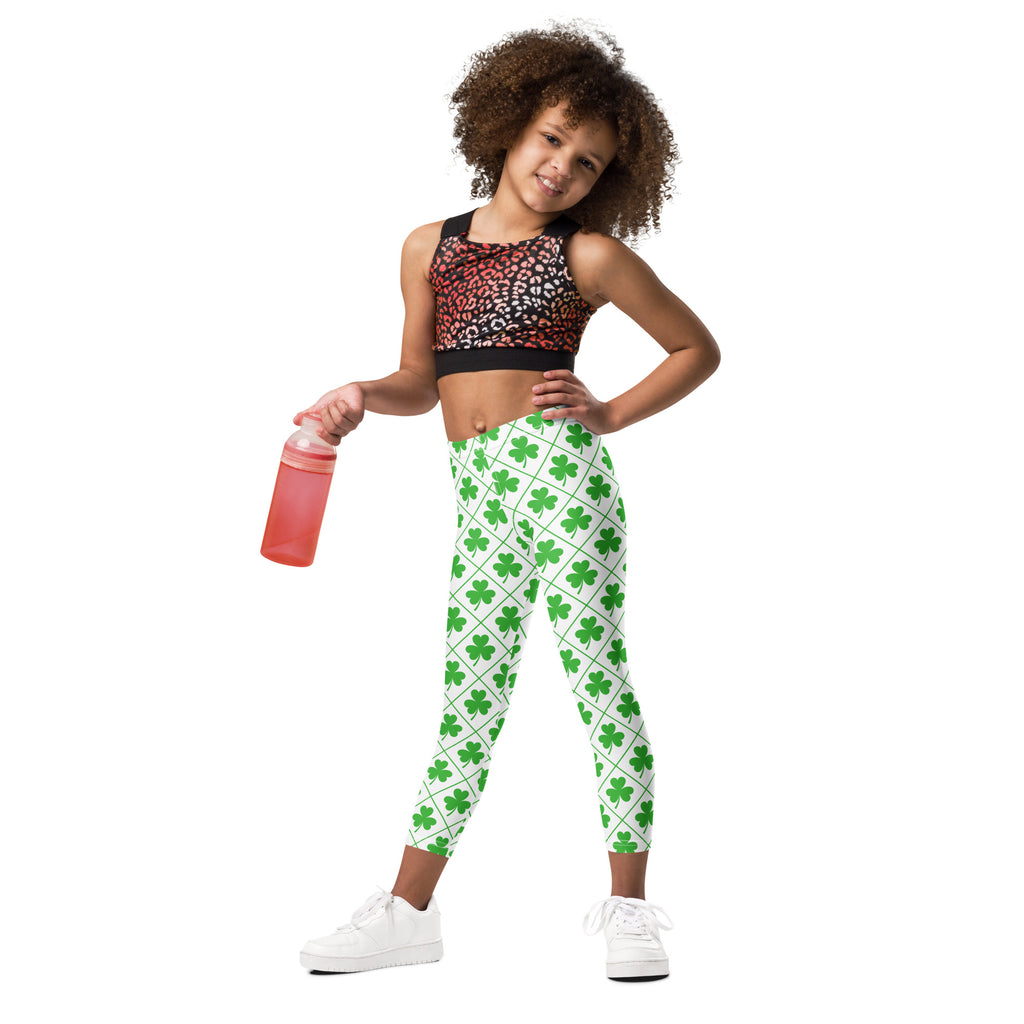Girls shamrock grid buttery soft leggings in green with shamrock pattern and white grid design