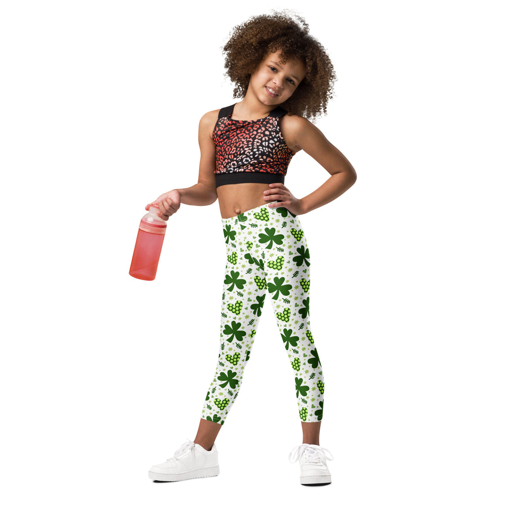 White girls buttery soft leggings with vibrant green four-leaf clovers and grape clusters shamrock pattern