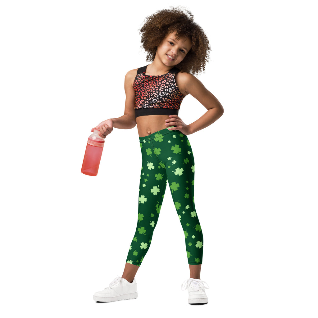 Girls lucky clover St Patricks Day buttery soft green leggings with light green shamrock pattern