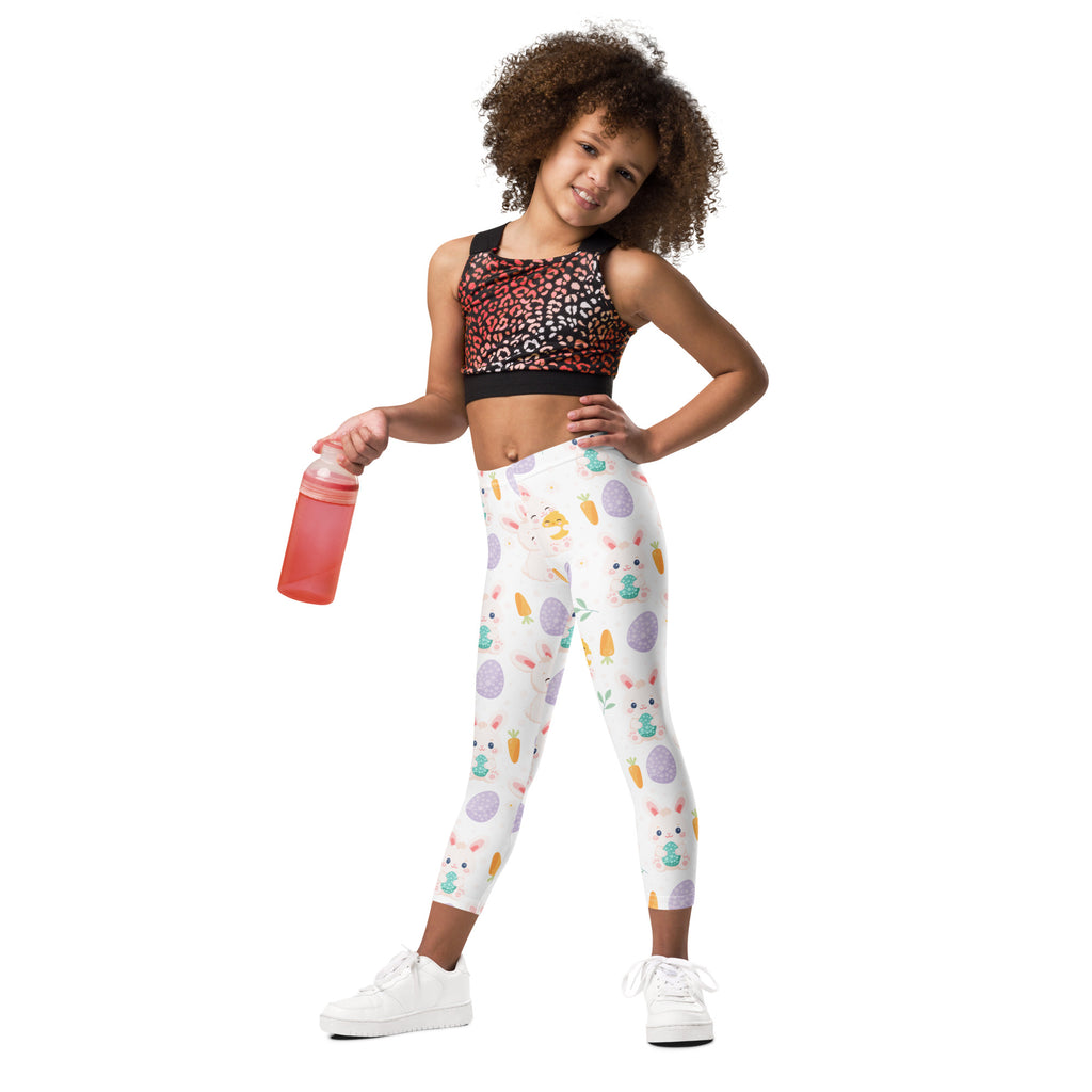 Girls cute Easter bunny buttery soft white leggings with pastel Easter eggs bunnies and carrots pattern