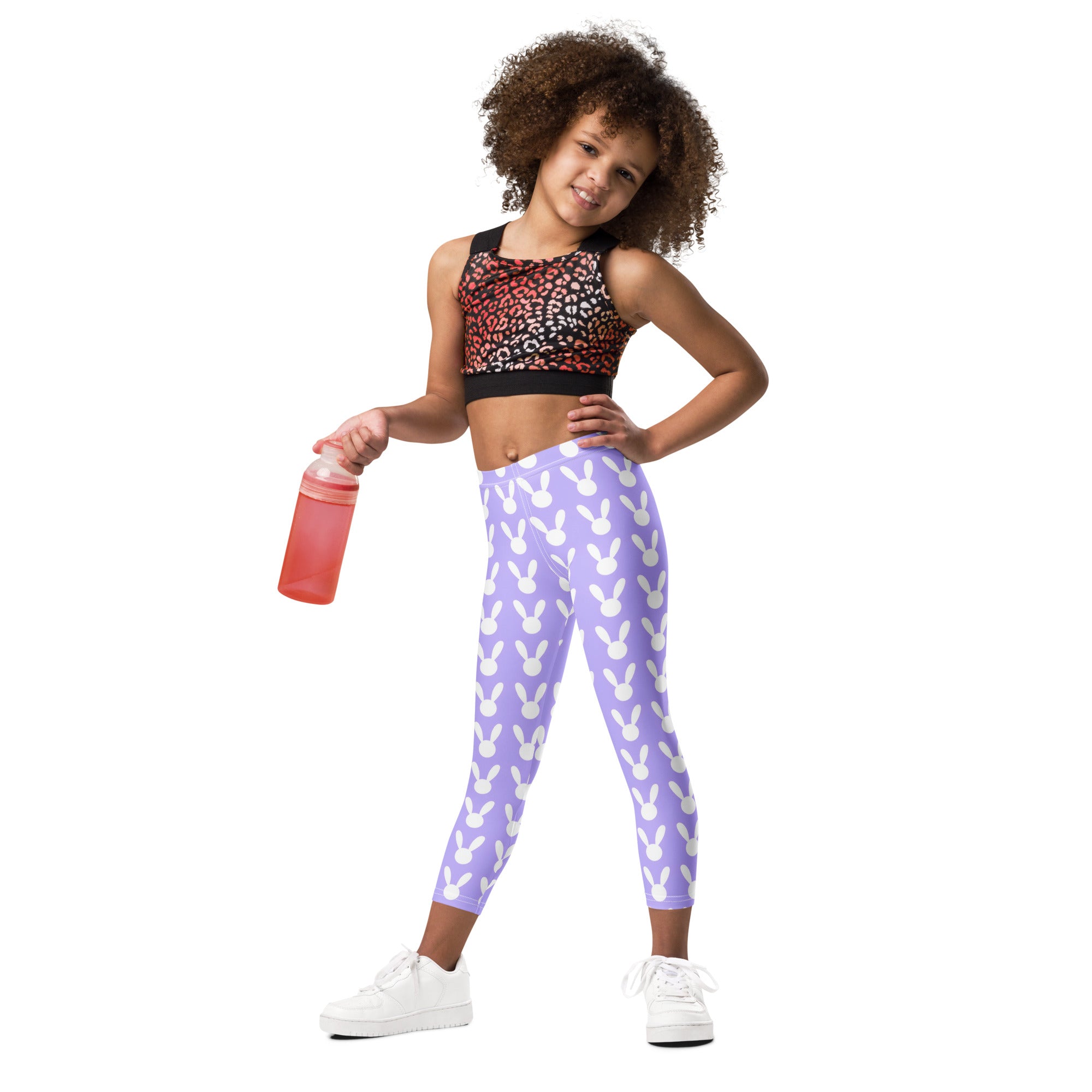 Girls purple buttery soft leggings with a repeating white bunny pattern perfect for Easter wear
