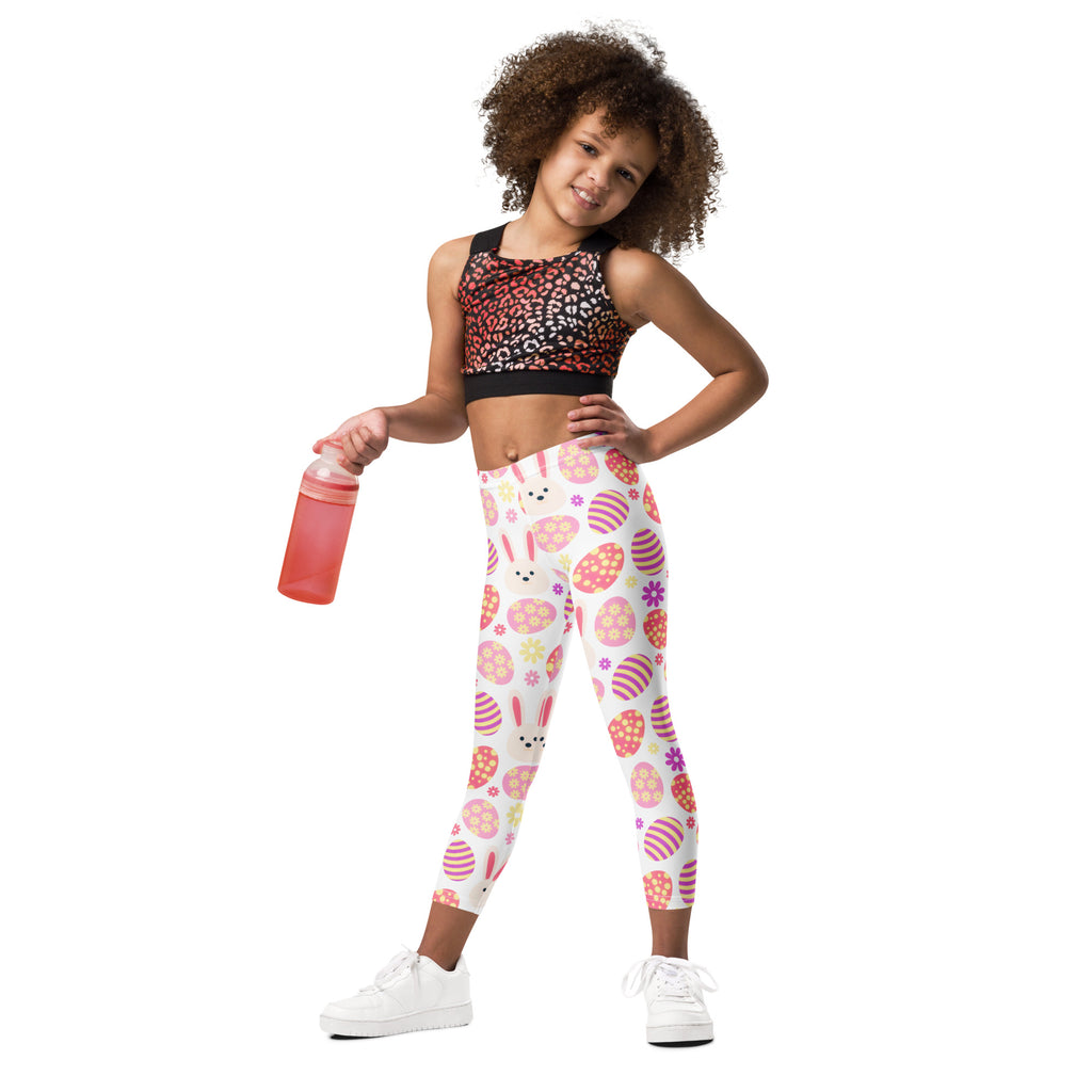Girls pink bunny easter egg buttery soft white leggings with pink and purple easter eggs bunny faces and flowers pattern