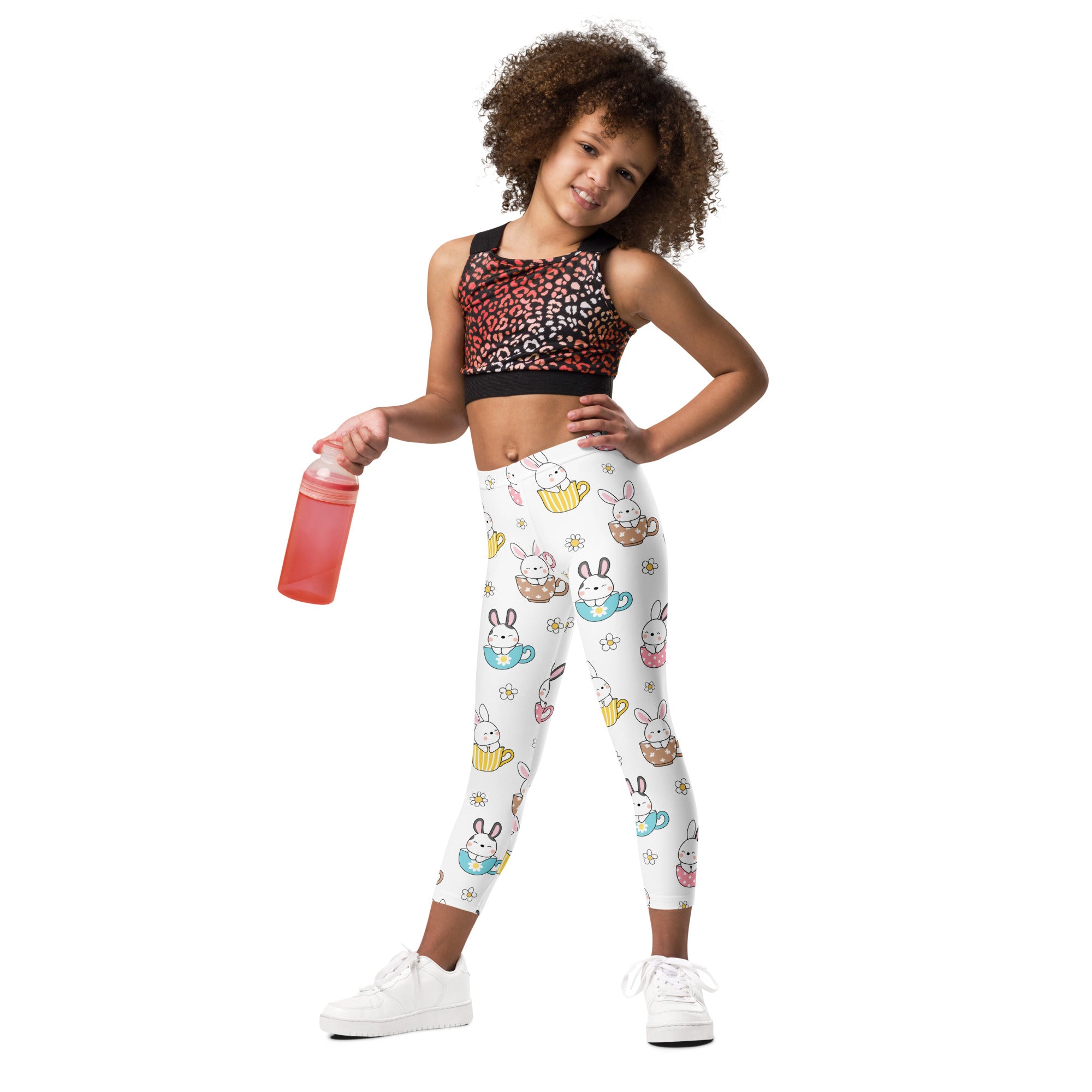Girls bunny teacup Easter buttery soft white leggings with colorful cartoon rabbits and tiny flowers pattern