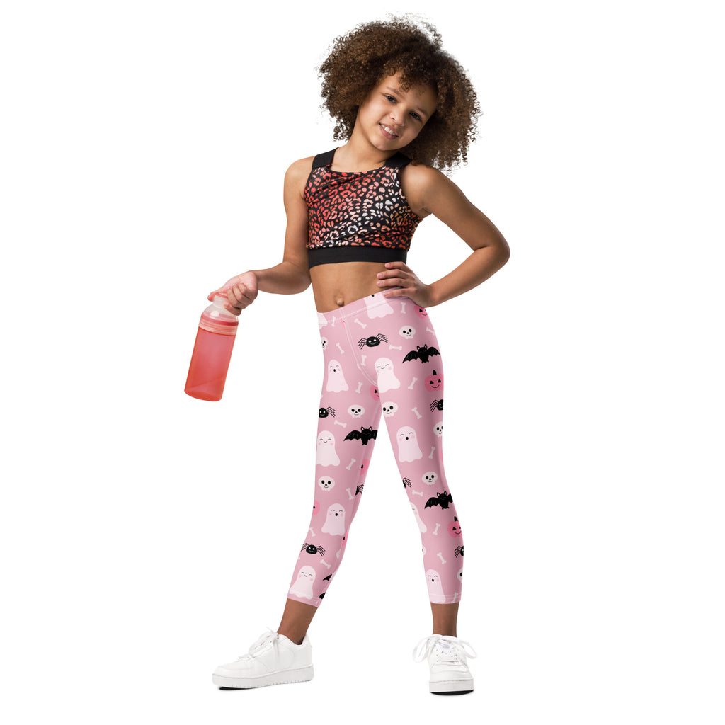 Girls Pink Ghost & Bats Halloween Leggings - Warm, Buttery Soft & Stretchy