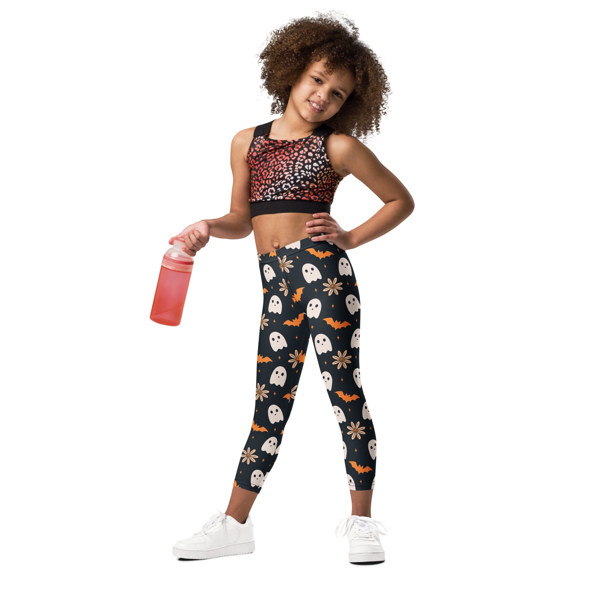 Girls Floral Ghost Bat Halloween Leggings - Warm, Buttery Soft & Stretchy