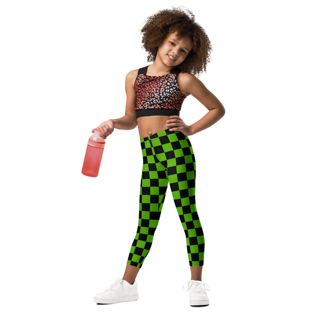 Girls Green Checkered Halloween Leggings - Warm, Buttery Soft & Stretchy