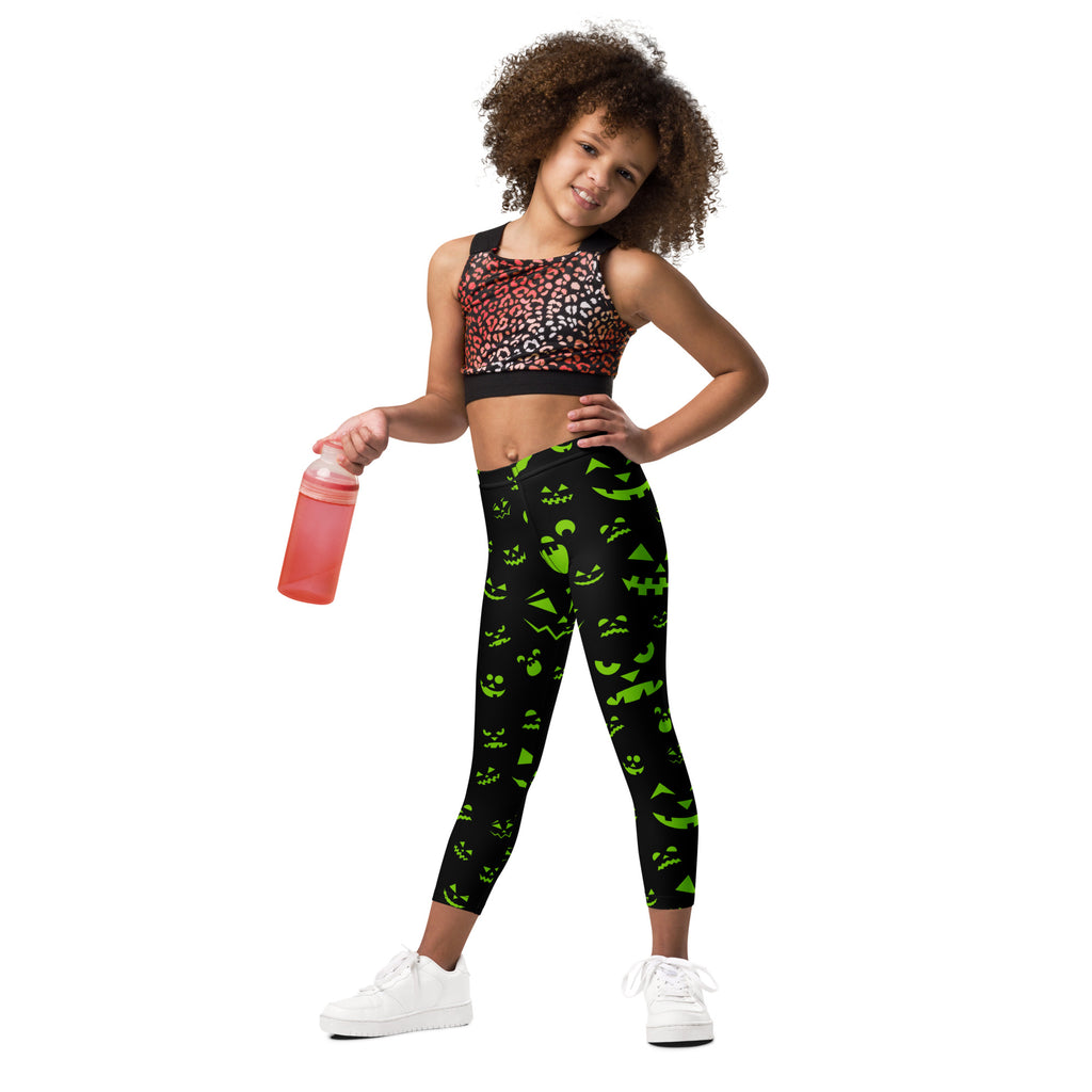 Girls Green Jack-O’-Lantern Halloween Leggings - Warm, Buttery Soft & Stretchy