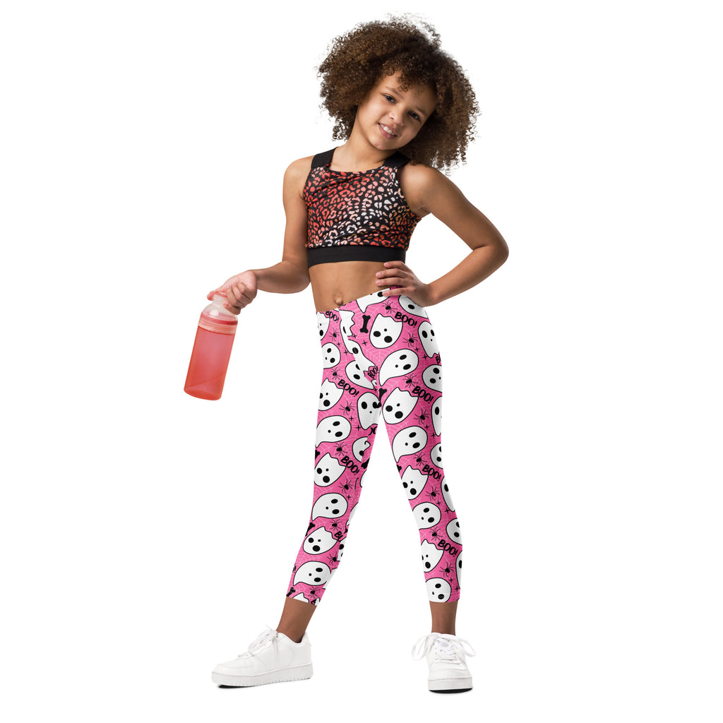 Girls Pink Ghost Halloween Themed Leggings - Warm, Buttery Soft & Stretchy