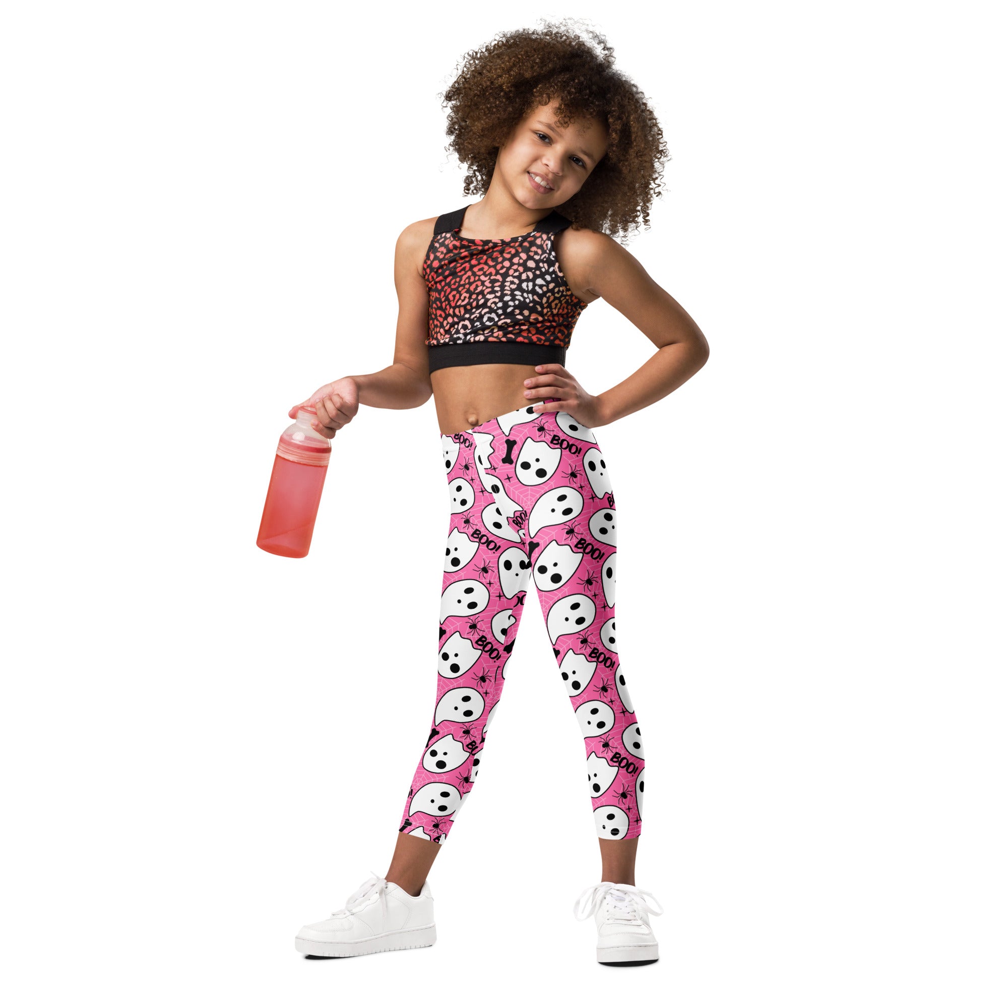 Girls Pink Ghost Halloween Themed Leggings - Warm, Buttery Soft & Stretchy