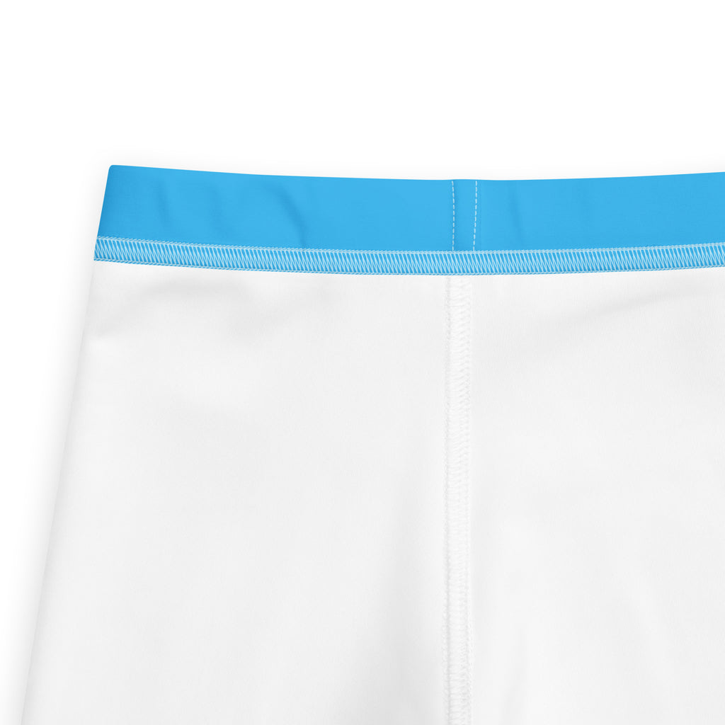 White kids leggings with a bright blue elastic waistband, close-up product detail