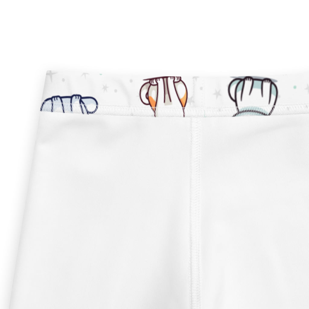 White girls cats pattern buttery soft leggings with a playful waistband featuring colorful cartoon hand illustrations