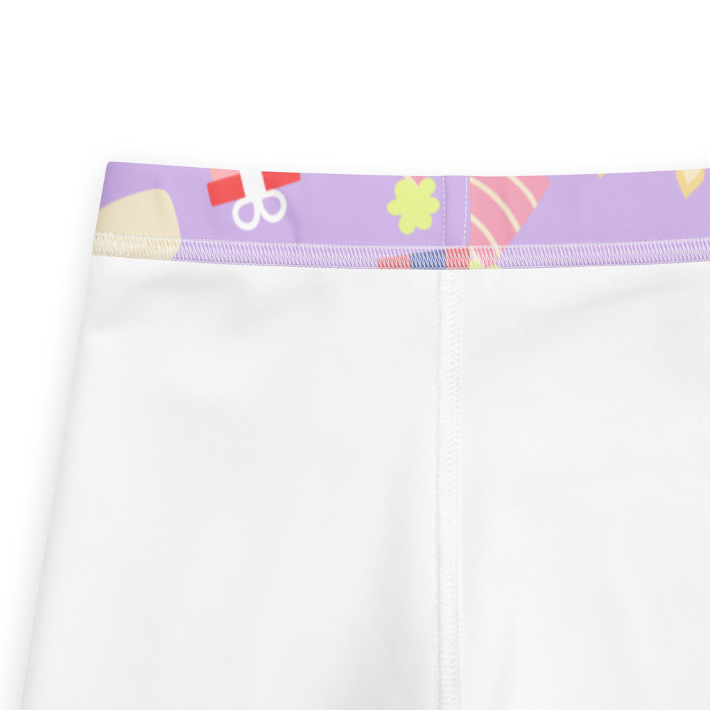 Girls birthday buttery soft white leggings with purple waistband and colorful cartoon patterns