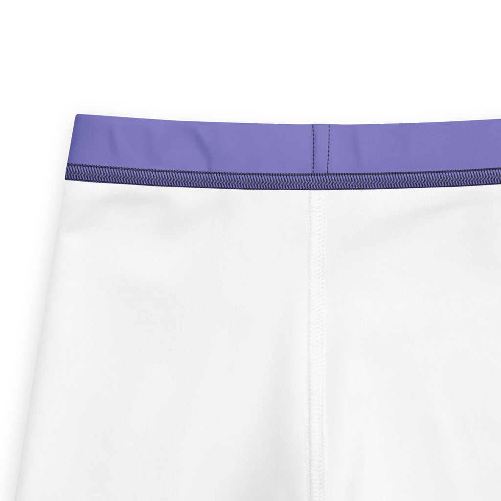 Girls buttery soft purple leggings feature white athletic shorts with a solid purple waistband and contrasting stitching