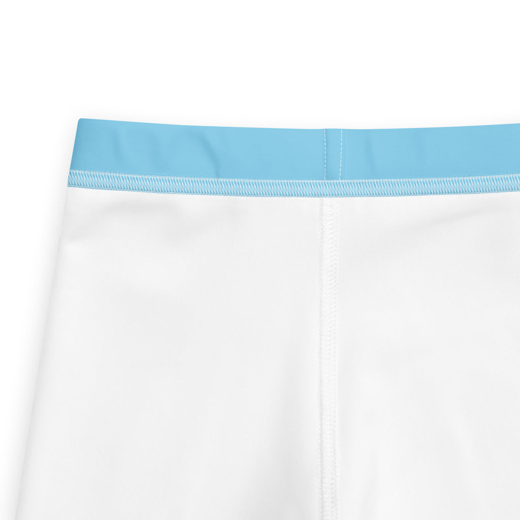 White athletic shorts with a light blue elastic waistband paired with kids buttery soft sky blue leggings