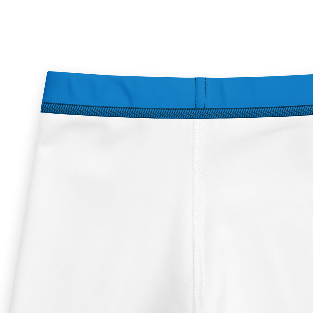 Kids buttery soft blue leggings showing white athletic shorts with a vibrant blue elastic waistband front view