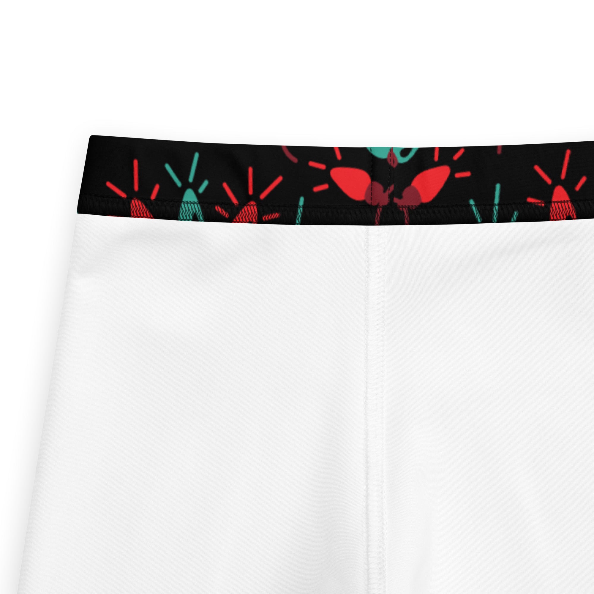 White athletic shorts with black waistband and red teal rocket and butterfly designs for kids christmas lights leggings