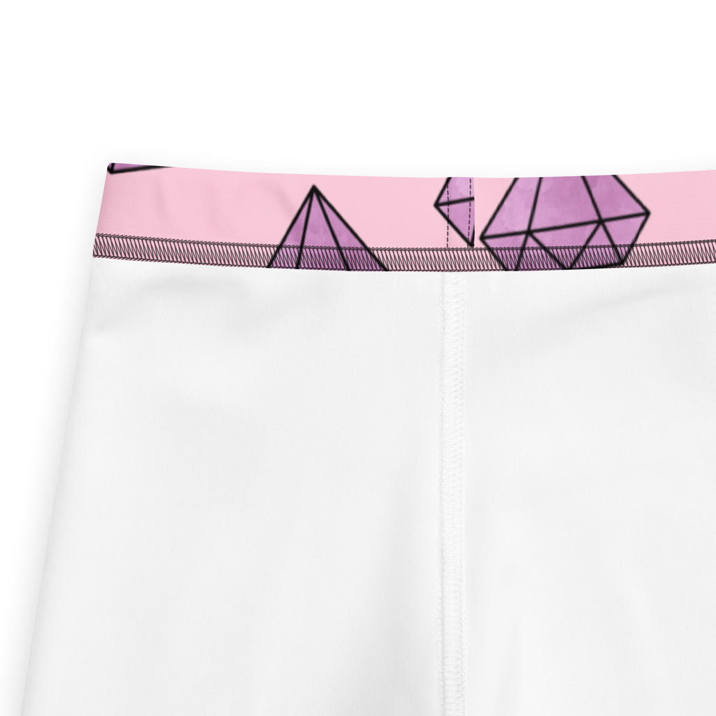 Girls purple diamonds buttery soft white leggings with a pink waistband and black geometric diamond and triangle patterns