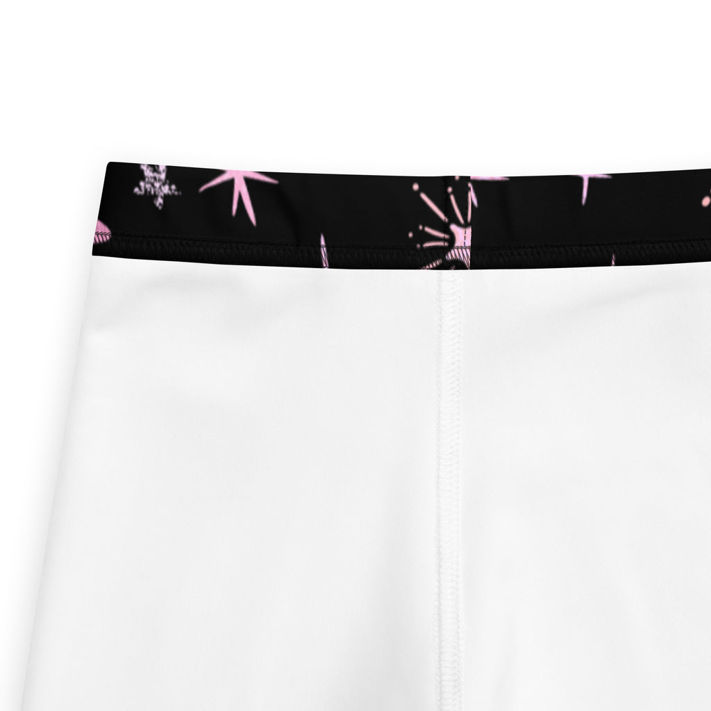Girls pink shooting stars galaxy leggings white athletic shorts with black waistband and pink white starburst patterns