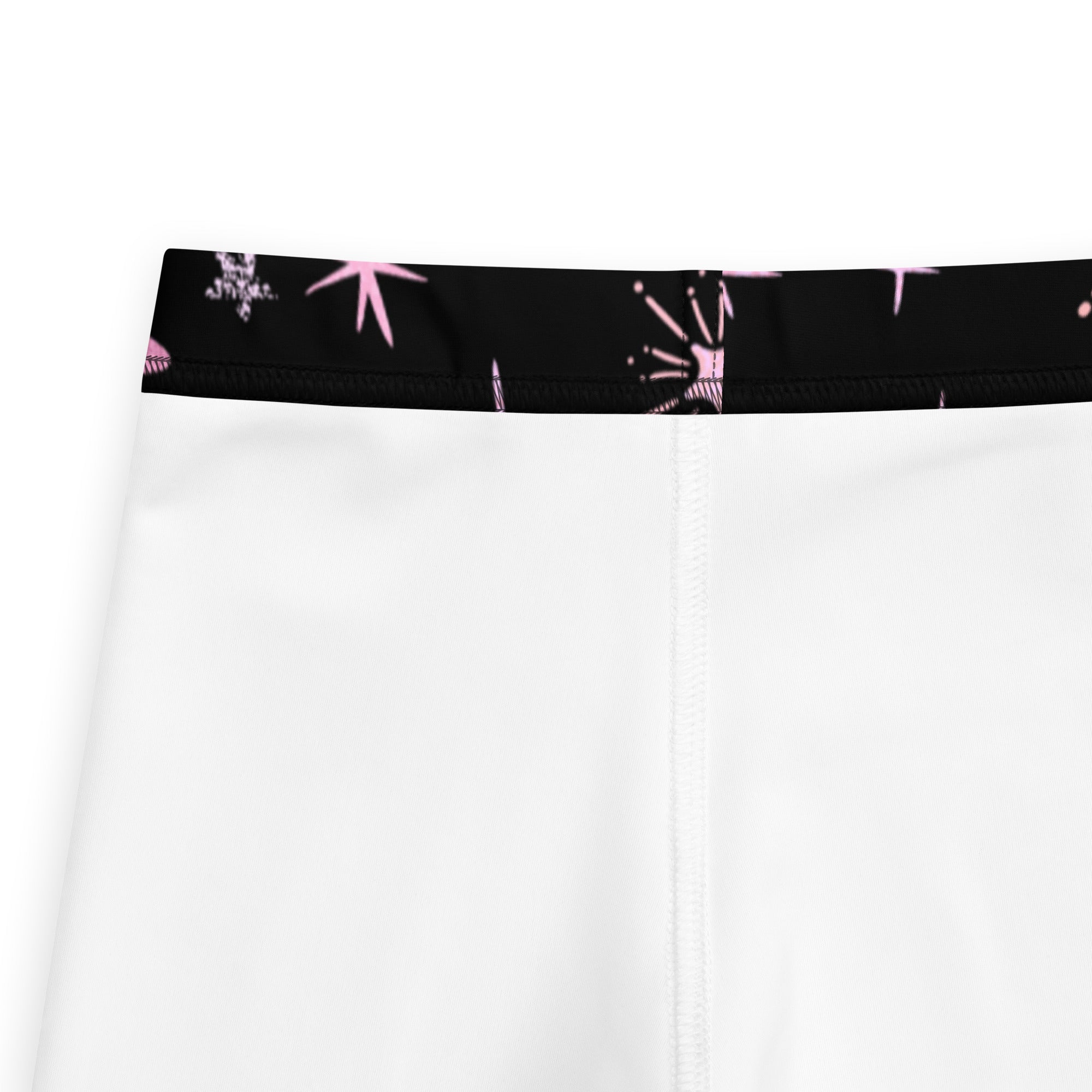Girls pink shooting stars galaxy leggings white athletic shorts with black waistband and pink white starburst patterns