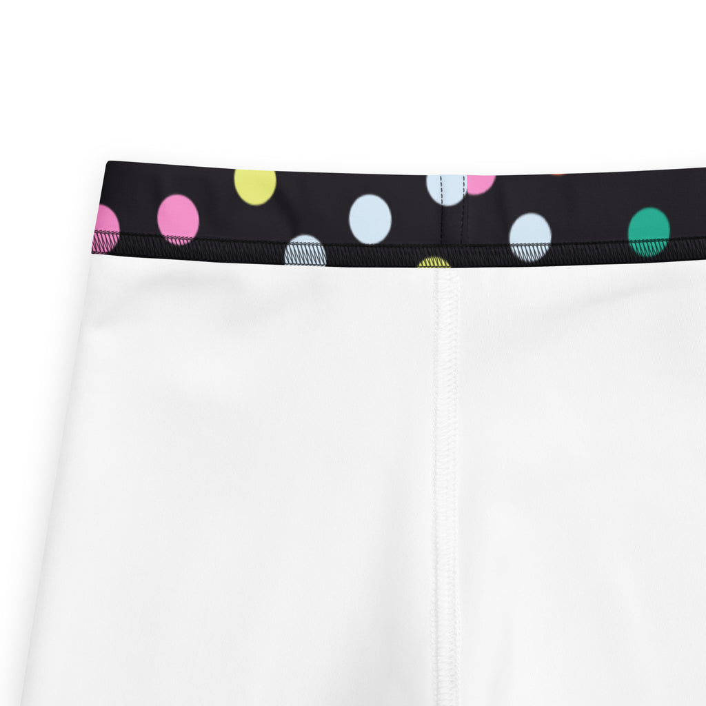 Girls confetti dots buttery soft leggings in white with black waistband and colorful pink yellow blue green polka dots