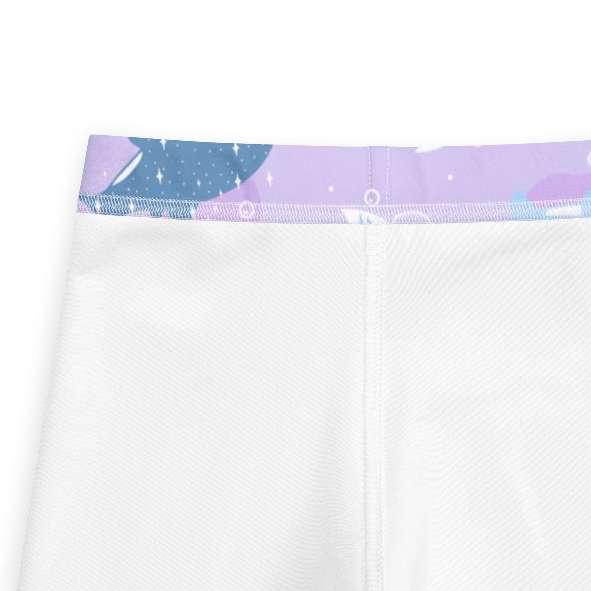 Girls purple whale shark buttery soft leggings in white with a purple and blue galaxy waistband featuring stars and planets