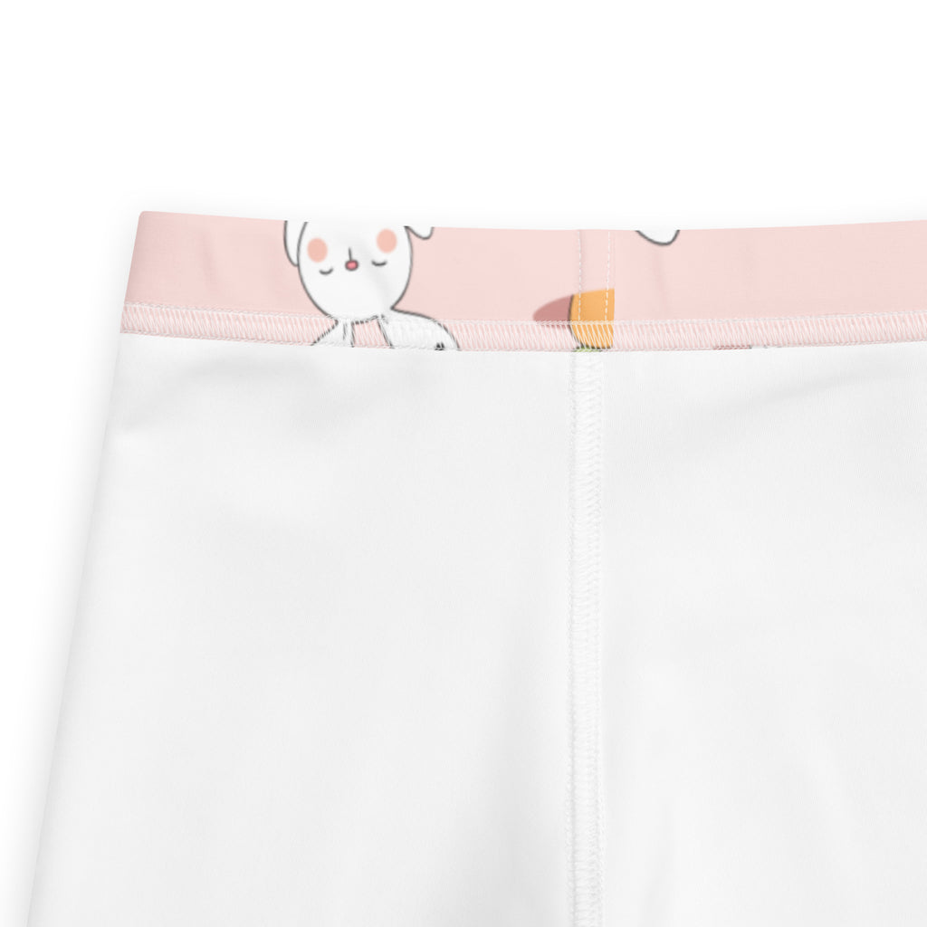 Kids easter bunny pattern buttery soft white leggings with pink waistband and cute cartoon rabbit design