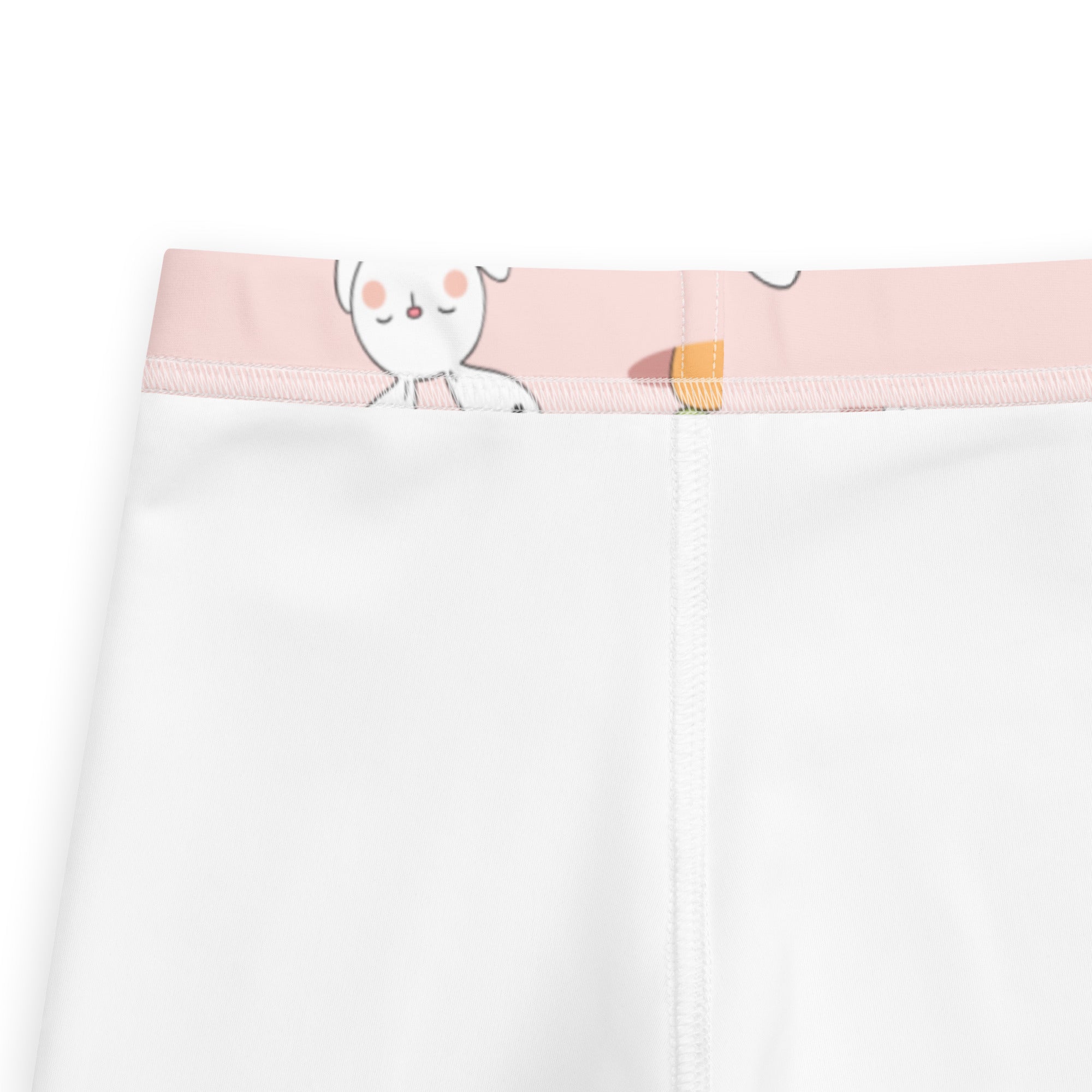 Kids easter bunny pattern buttery soft white leggings with pink waistband and cute cartoon rabbit design
