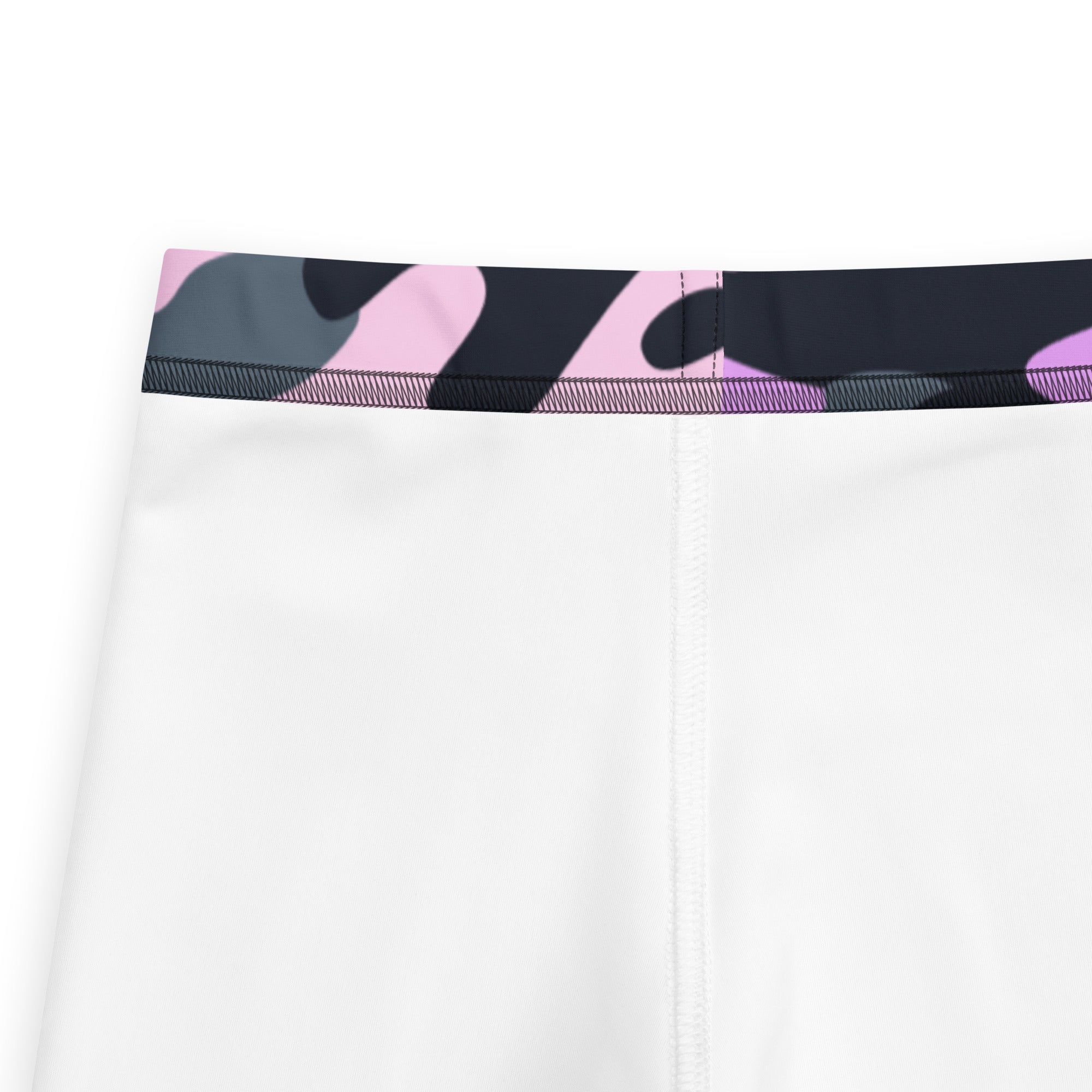 White athletic shorts with a pink black and purple camouflage waistband designed for girls purple camouflage buttery soft leggings