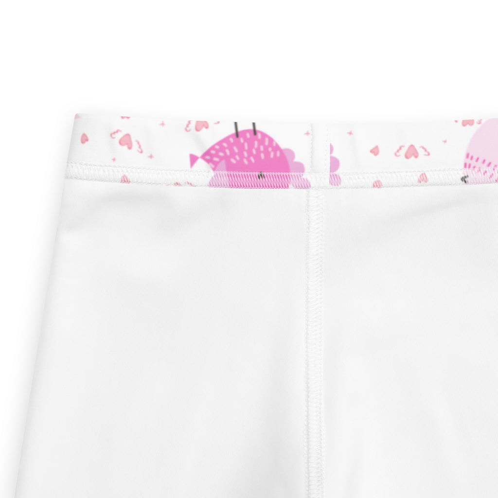 Girls colorful birds buttery soft white leggings with a pink fish and heart pattern on the waistband