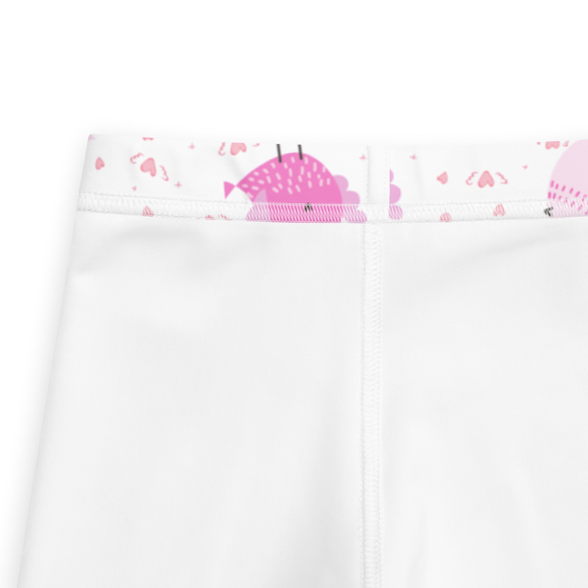 Girls colorful birds buttery soft white leggings with a pink fish and heart pattern on the waistband