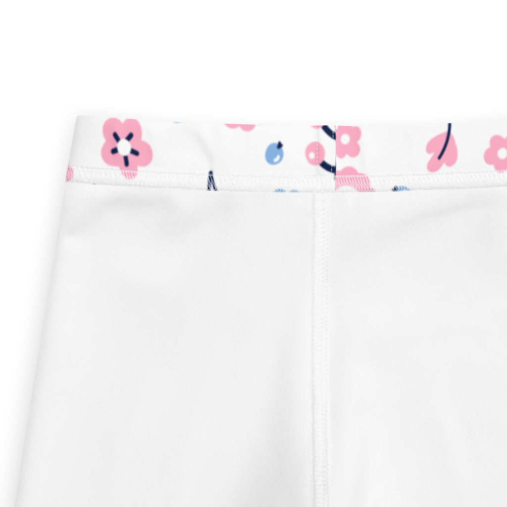 Girls floral purple and blue flowers buttery soft white leggings with pink floral patterned waistband