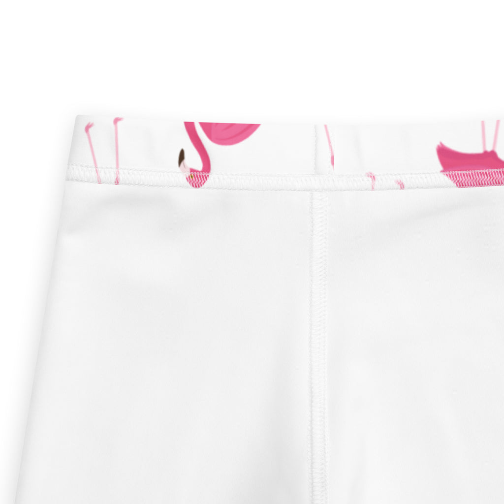 Kids pink flamingo buttery soft white leggings with playful pink flamingo print on the waistband