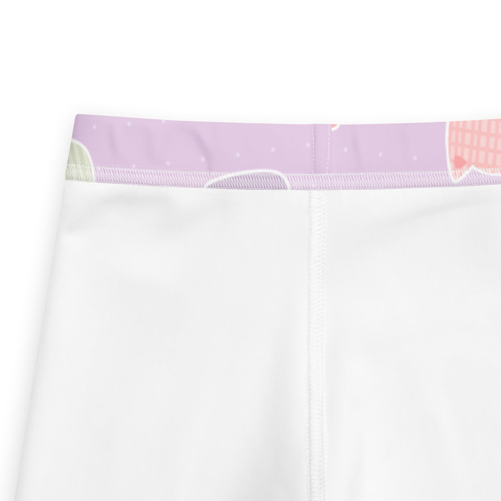 Girls pastel purple kawaii cats and clouds buttery soft white leggings with lavender waistband and pastel house pattern