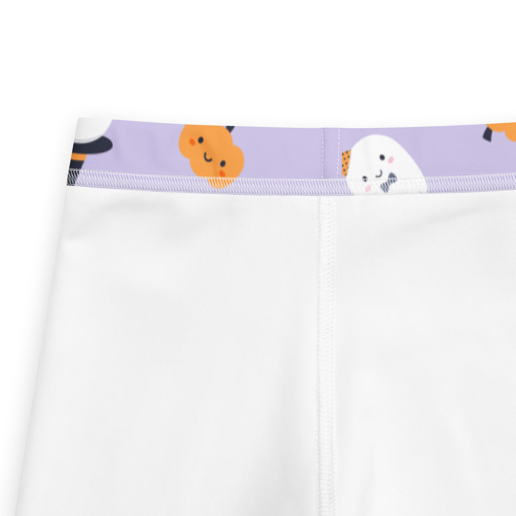 White girls ghost witch buttery soft leggings with playful purple waistband featuring cartoon pumpkins and ghosts