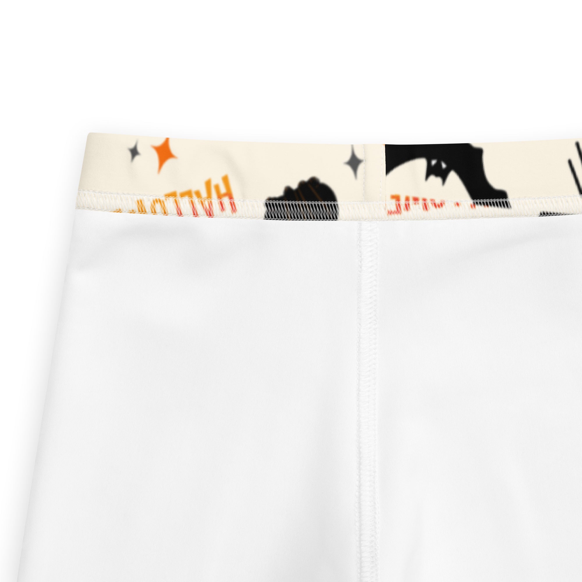 Kids trick-or-treat halloween buttery soft white leggings with cream waistband black bat silhouettes and orange stars