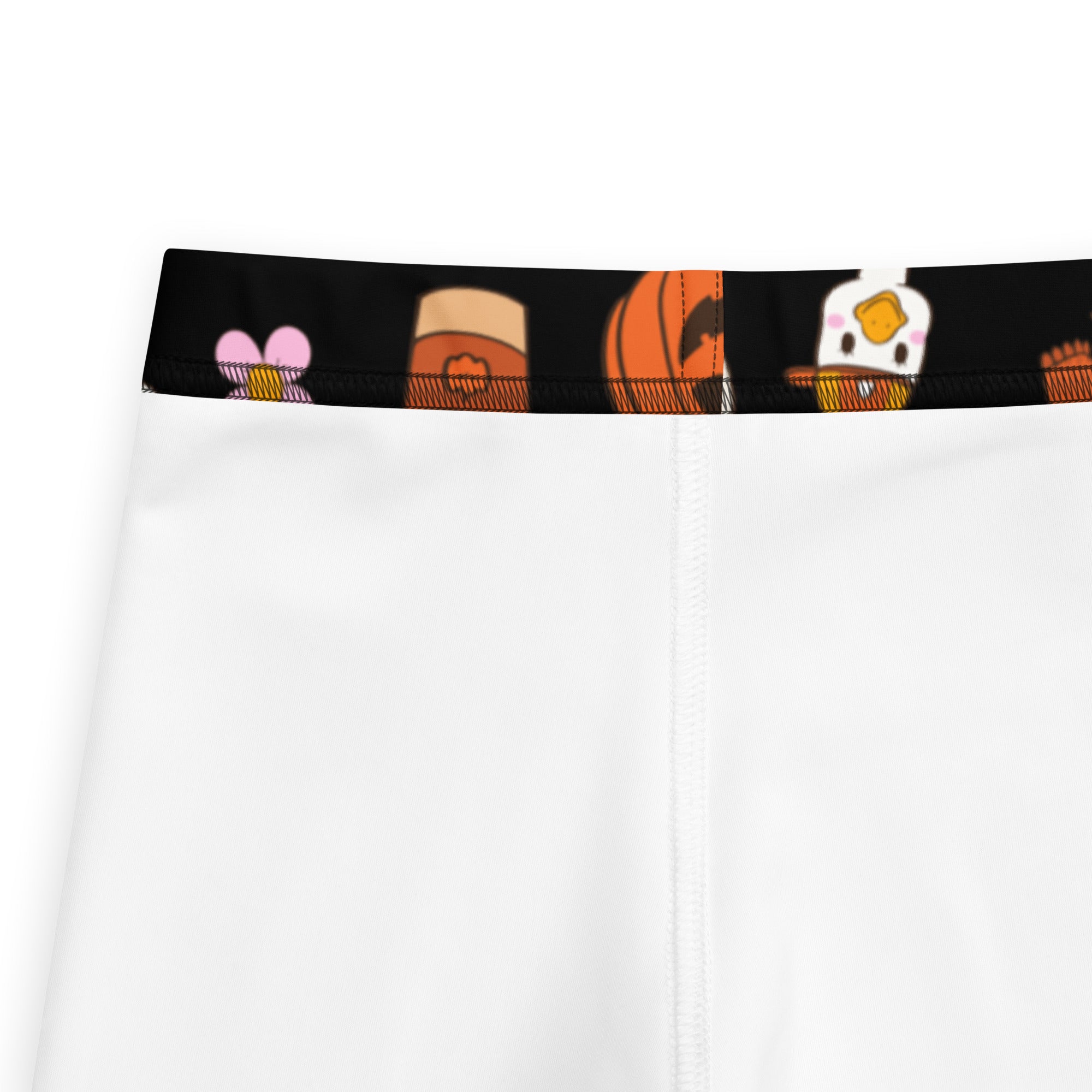 Kids goose halloween buttery soft white athletic shorts with black waistband and colorful cartoon halloween characters