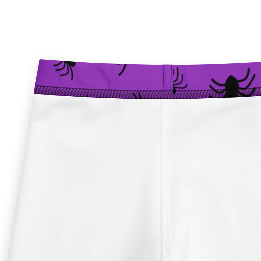 White shorts with a vibrant purple waistband featuring black spider silhouettes kids purple spider halloween buttery soft leggings
