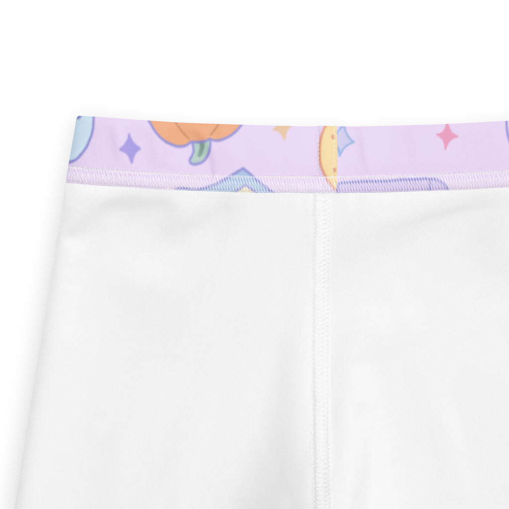 Girls halloween book cat buttery soft white leggings with lavender waistband featuring pumpkin and sparkle prints