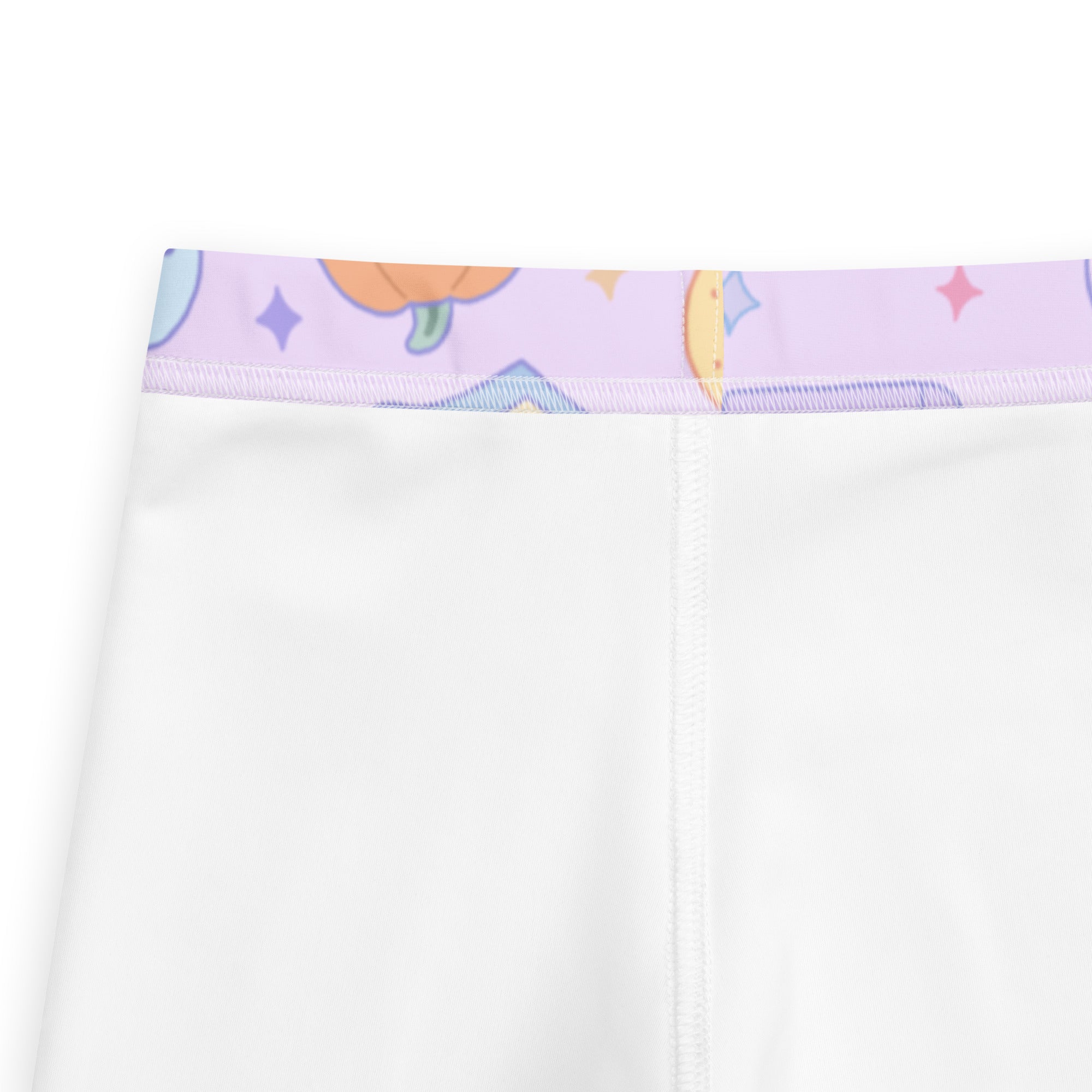Girls halloween book cat buttery soft white leggings with lavender waistband featuring pumpkin and sparkle prints