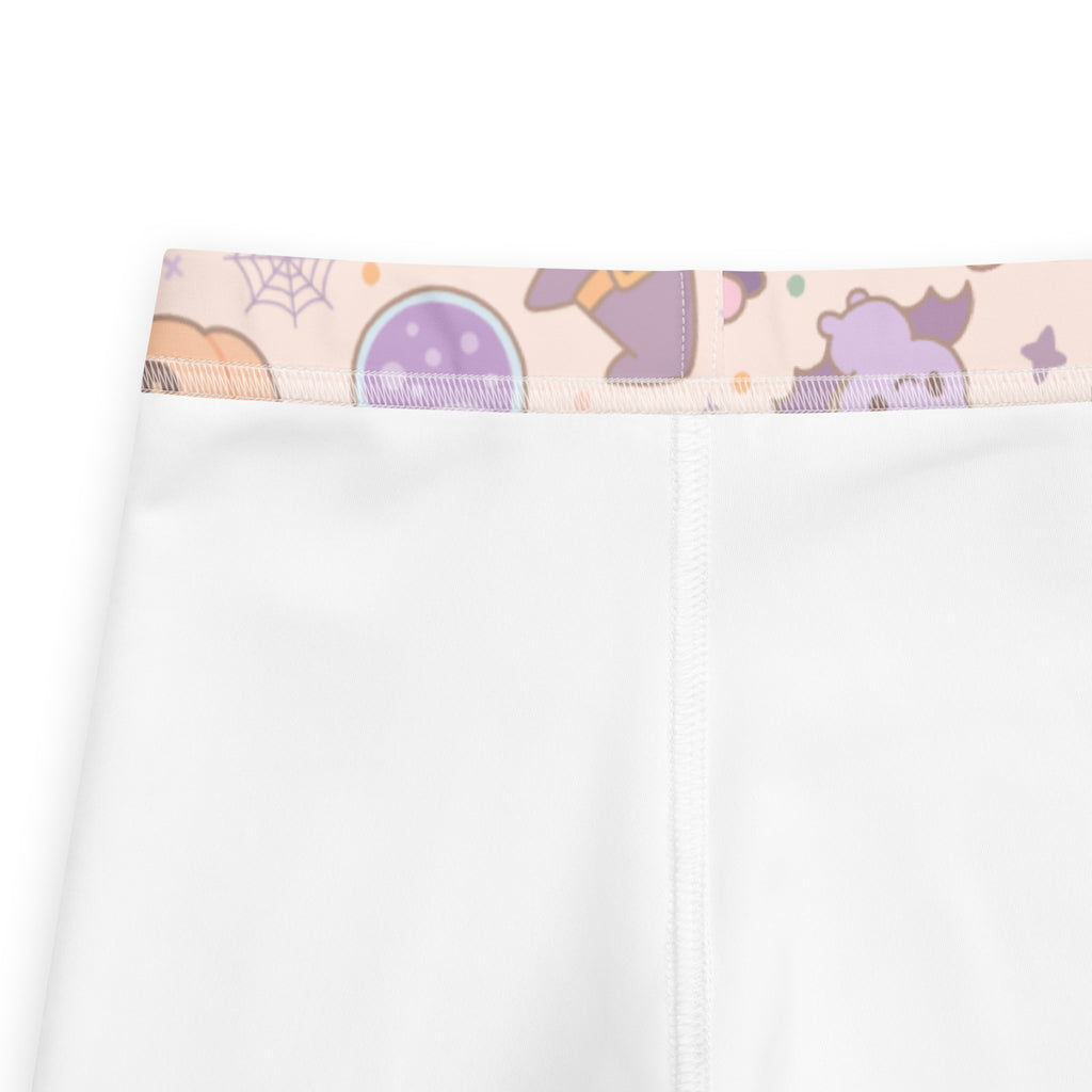 Girls cats ghosts and candy halloween buttery soft white leggings with playful waistband of purple bats pumpkins and spiderwebs