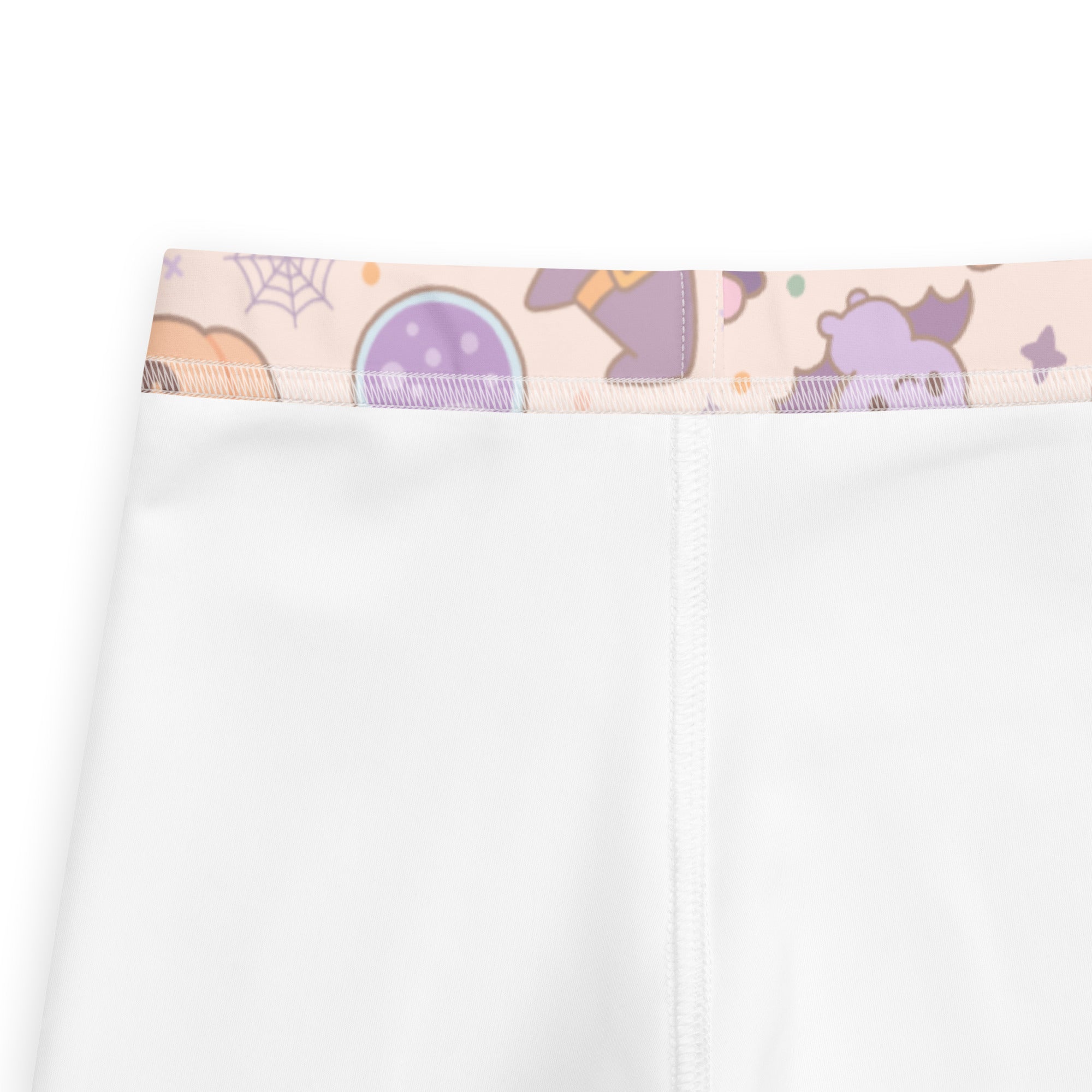 Girls cats ghosts and candy halloween buttery soft white leggings with playful waistband of purple bats pumpkins and spiderwebs