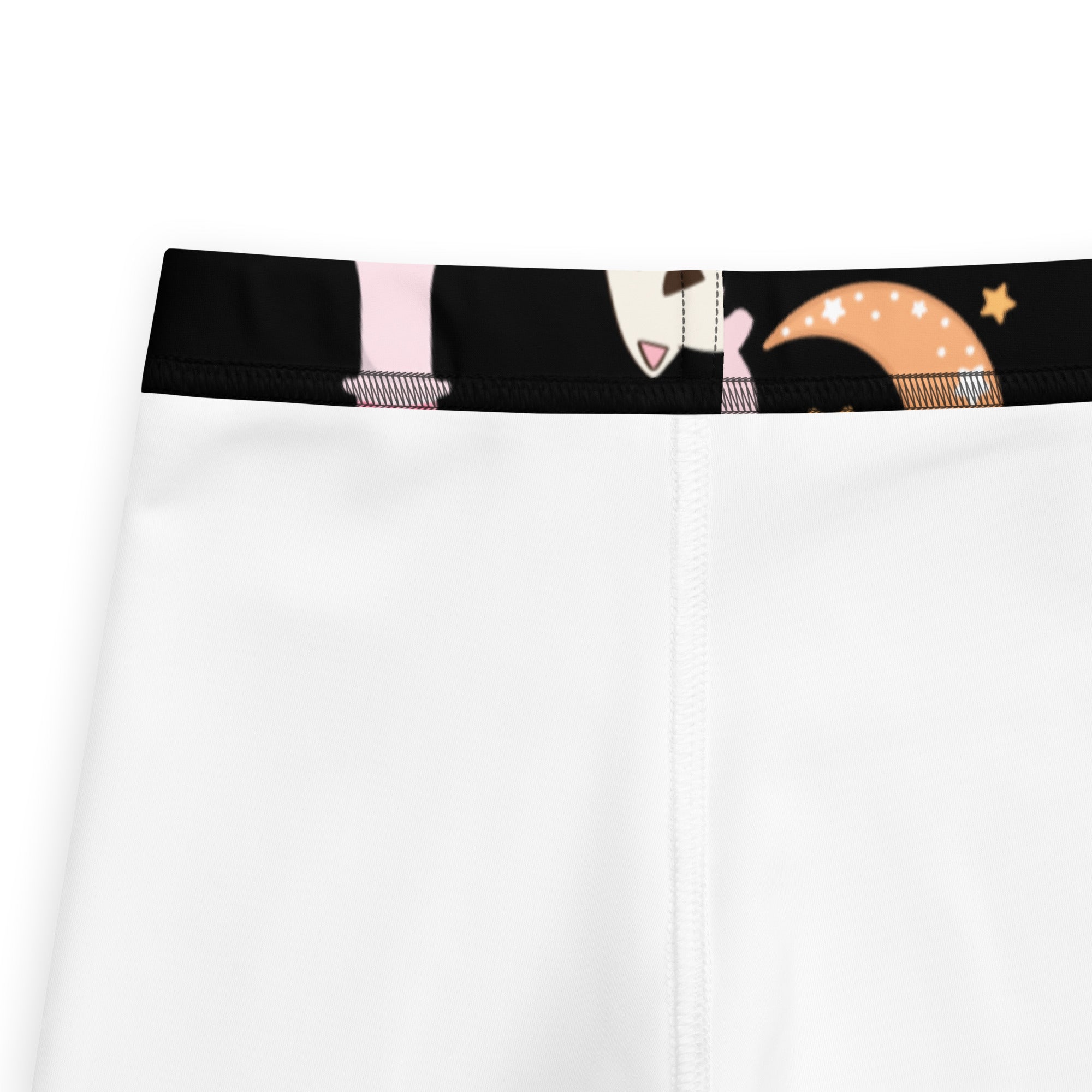 Girls cute Halloween buttery soft white leggings with black waistband featuring cartoon cat and crescent moon design