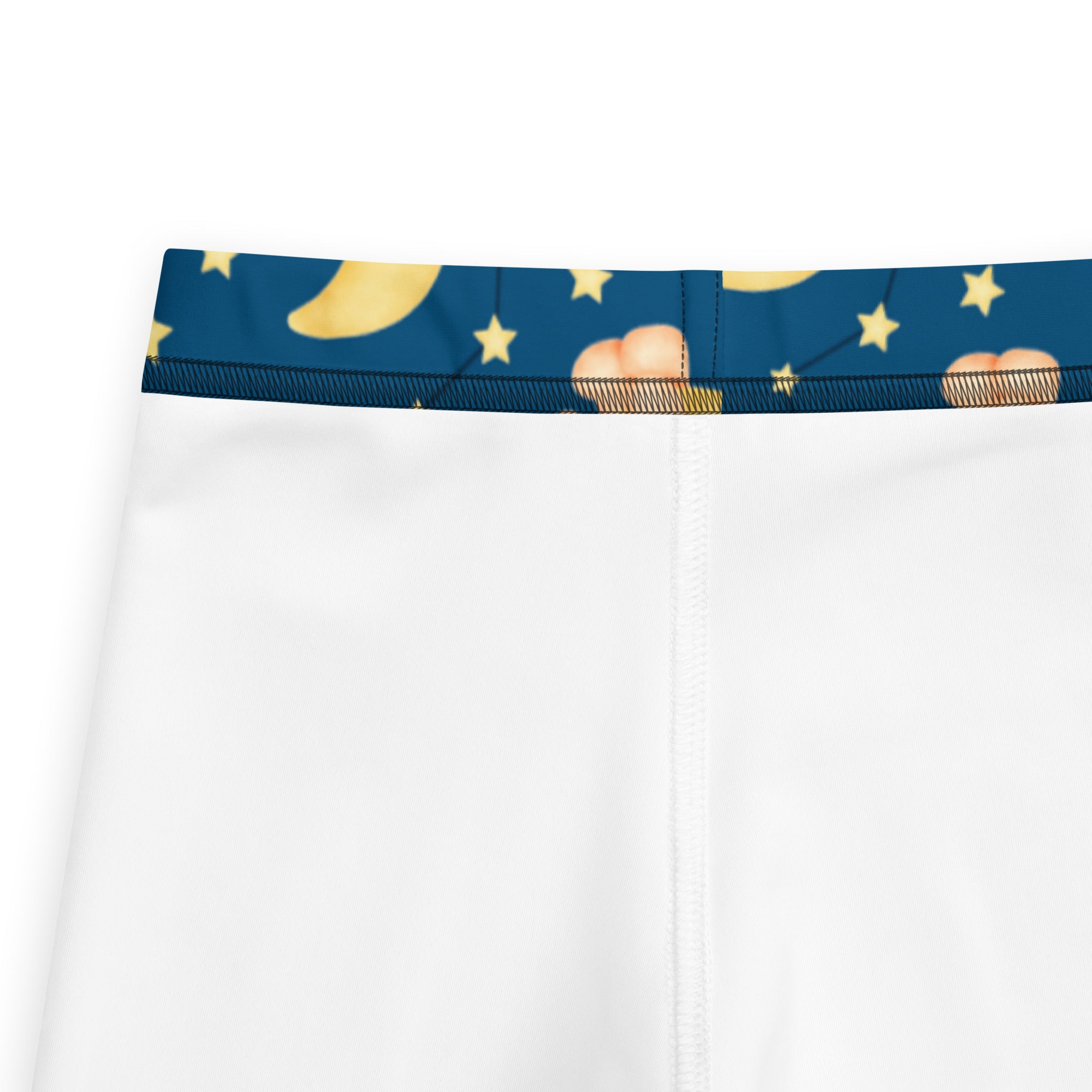Kids night sky teddy bear buttery soft white leggings with navy waistband moon star and peach cloud pattern