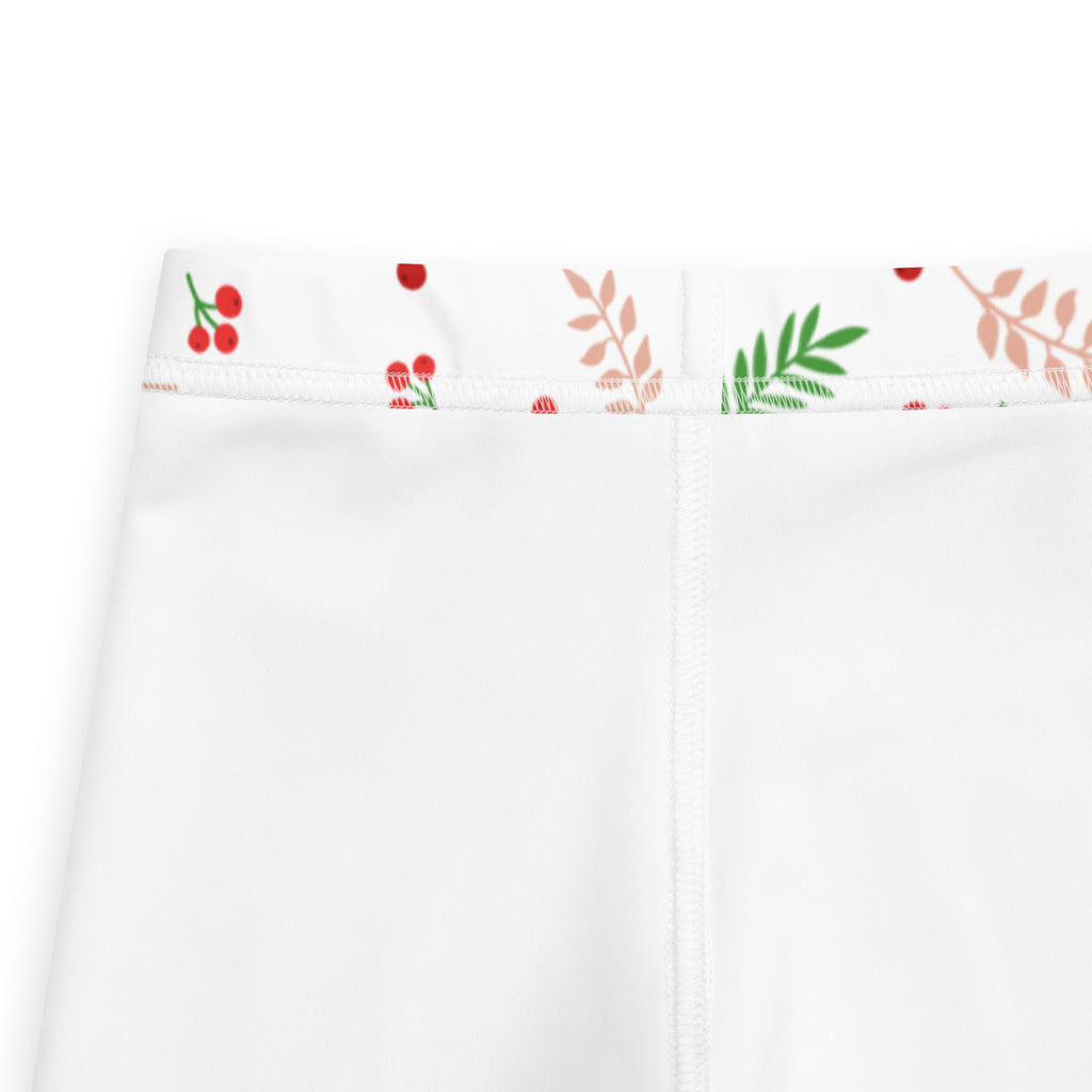 Kids holly and pine Christmas buttery soft white leggings with embroidered red berries and green leaf waistband