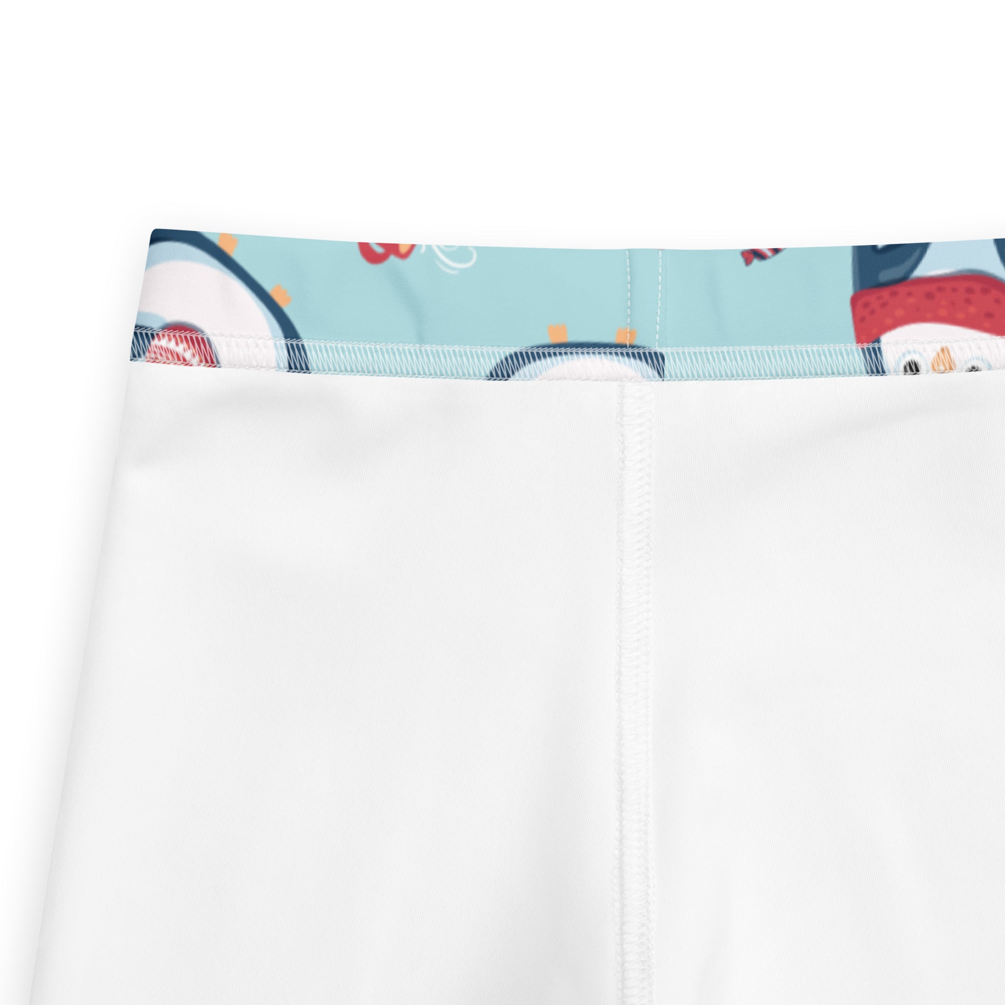 Girls cute penguin christmas buttery soft white leggings with light blue waistband featuring penguin and snowman pattern