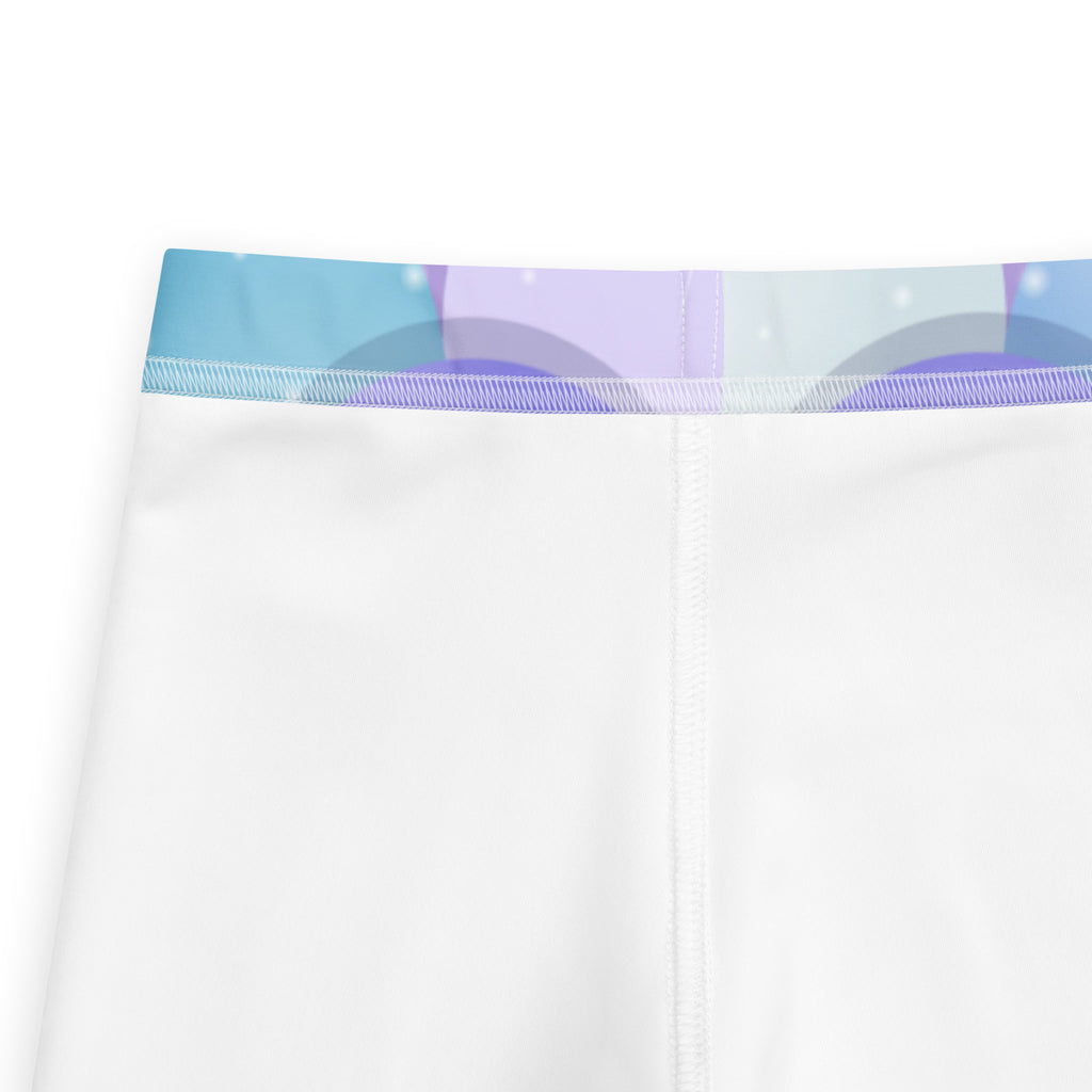 Girls purple mermaid buttery soft white leggings with a colorful pastel blue and purple abstract waistband